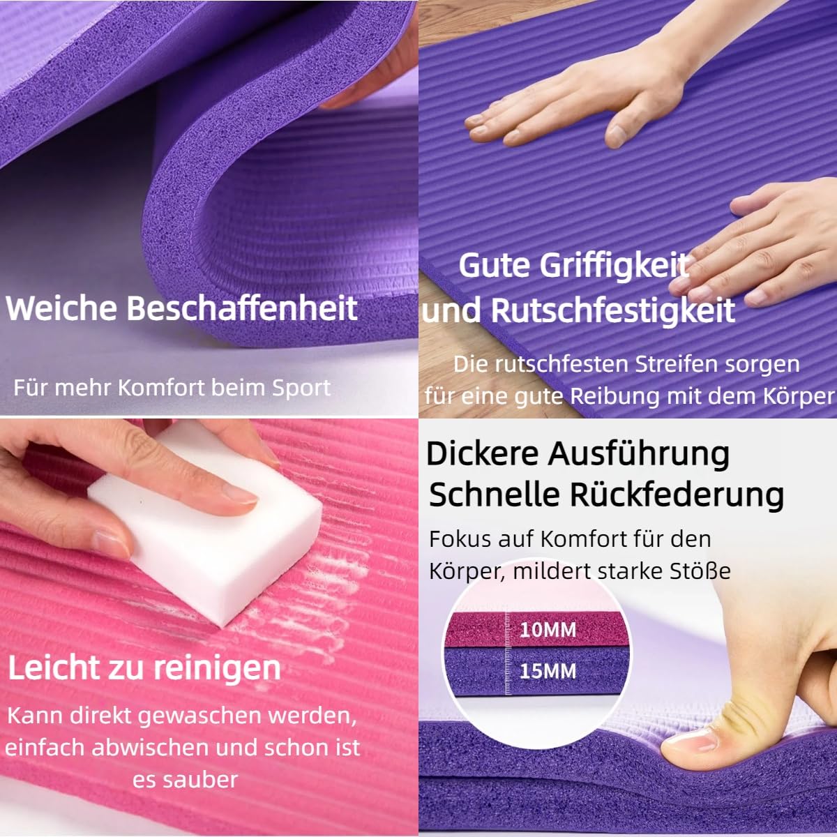 Yogamatte Stark 1.0/1.5/2.0 cm - 185x61/80/90cm Fitness Matte Rutschfest - NBR Gymnastikmatte mit Tragegurt für Yoga, Studio & Reise (Pink/Blau/Schwarz/Lila)