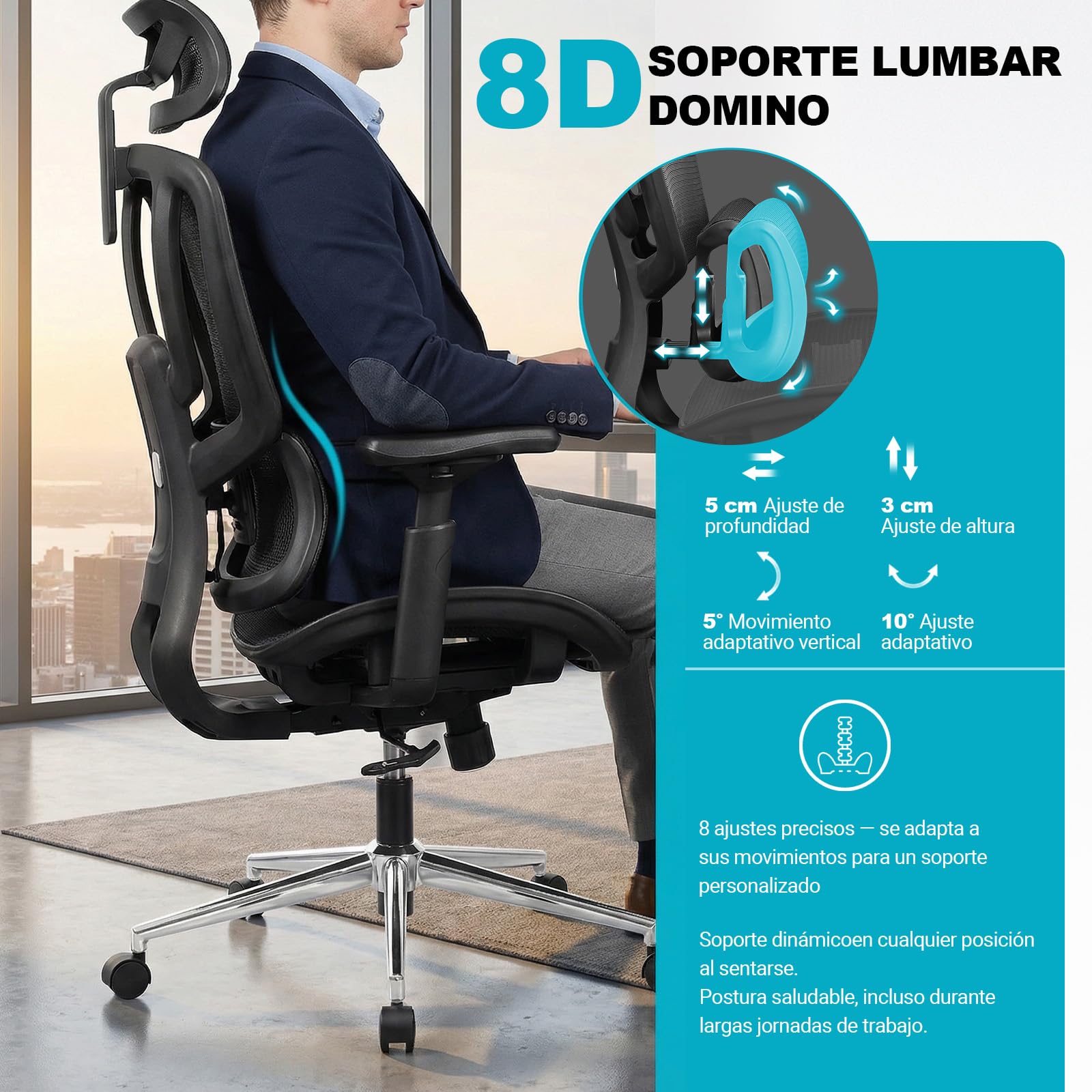 MELOKEA Silla de Oficina de 200 kg, Ganador de Pruebas ergonómicas, Soporte Lumbar Ajustable 9P, reposabrazos 4D + Magic, Silla de Oficina EN12520
