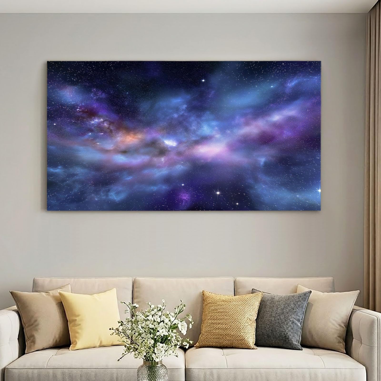 Dekoracja ścienna Przestrzeń Wszechświat - Obraz na płótnie z drewnianą ramą 100 x 70 cm, Mgławica Droga Mleczna Gwiaździste niebo - Pozioma dekoracja ścienna do salonu, sypialni, kuchni