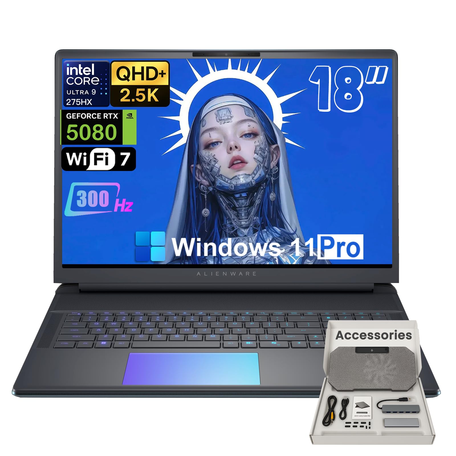 18 Area-51 Gaming Laptop - NVIDIA RTX 5080 16GB GDDR7 • Intel 24-Core Ultra 9 275HX (Up to 5.4GHz) • 18" 2.5K QHD+ 300Hz • Backlit KB • Win 11 Pro • w/Accessories (64GB RAM, 4TB SSD)