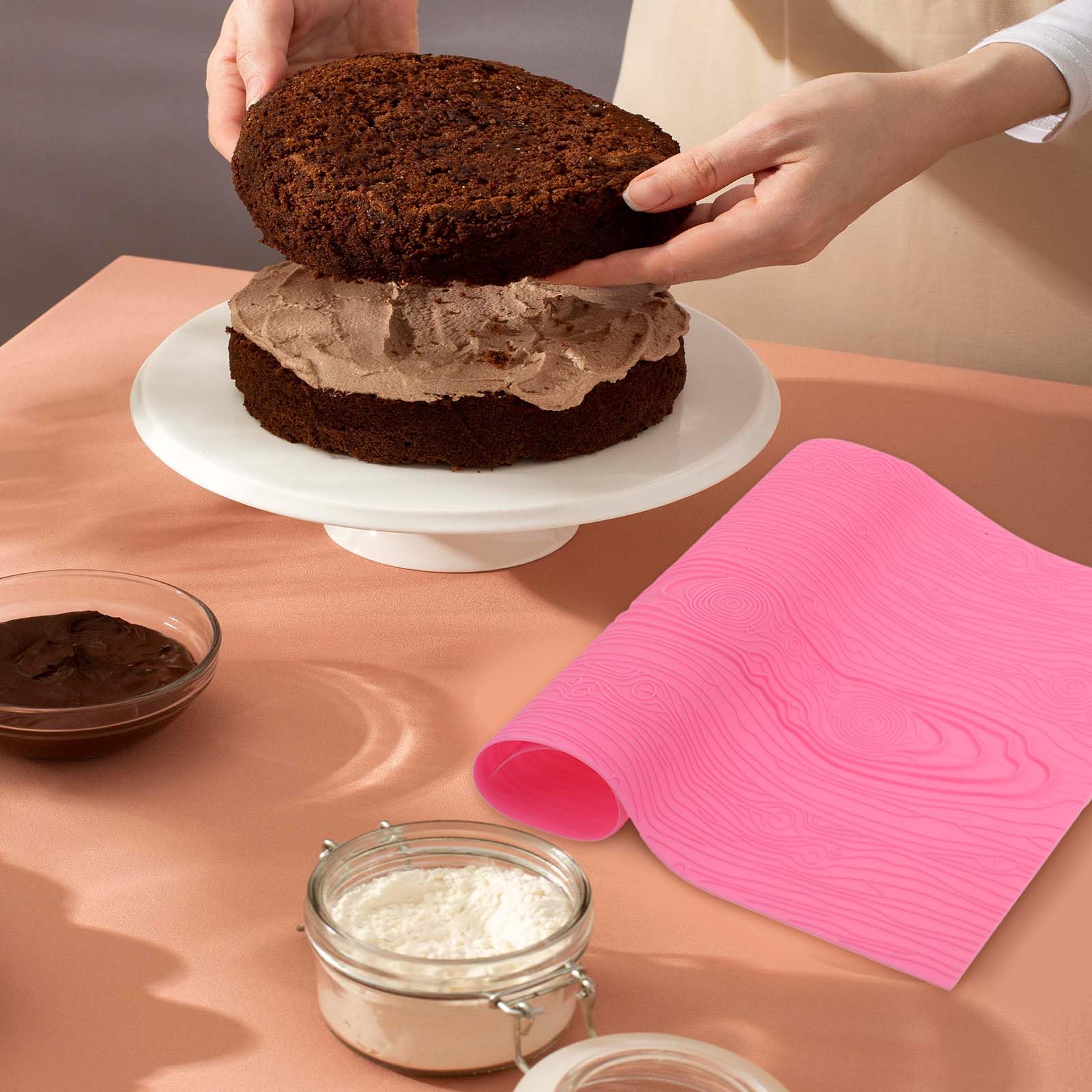Hariendny Fondant Woodgrain Impression Mat Fondant Silicone Lace Mold Fondant Wood Texture Mat Silicone Cake Fondant Mat Fondant Embossed Craft Tools for Cakes Decorating(17 x 9 inches), Pink - Image 4