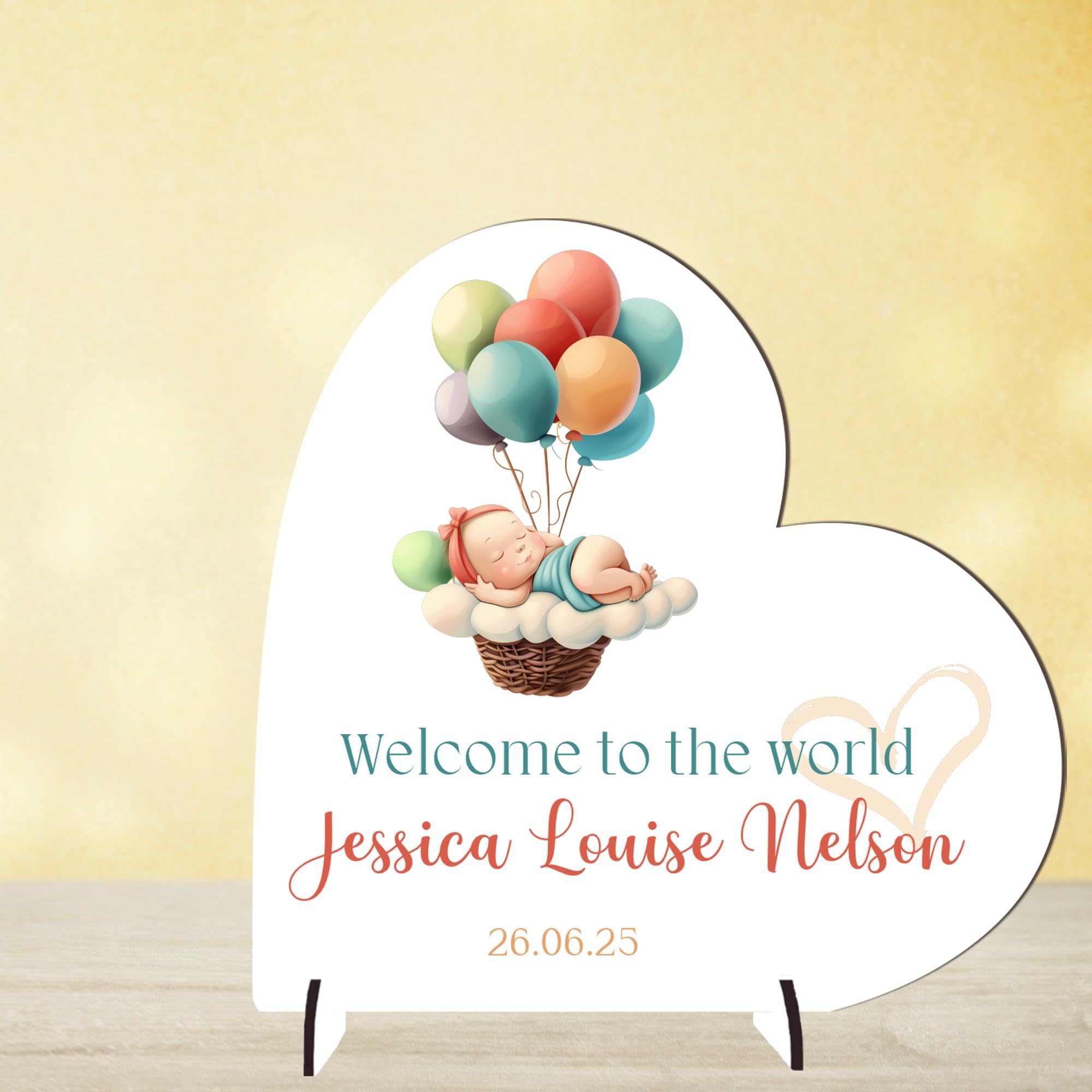 Personalised Welcome to the World Baby Heart Plaque - Choose from 9 Designs Custom Own Name & Birth Date Nursery Keepsake For Girls Cute Thoughtful Gift (Baby, MDF Wood)
