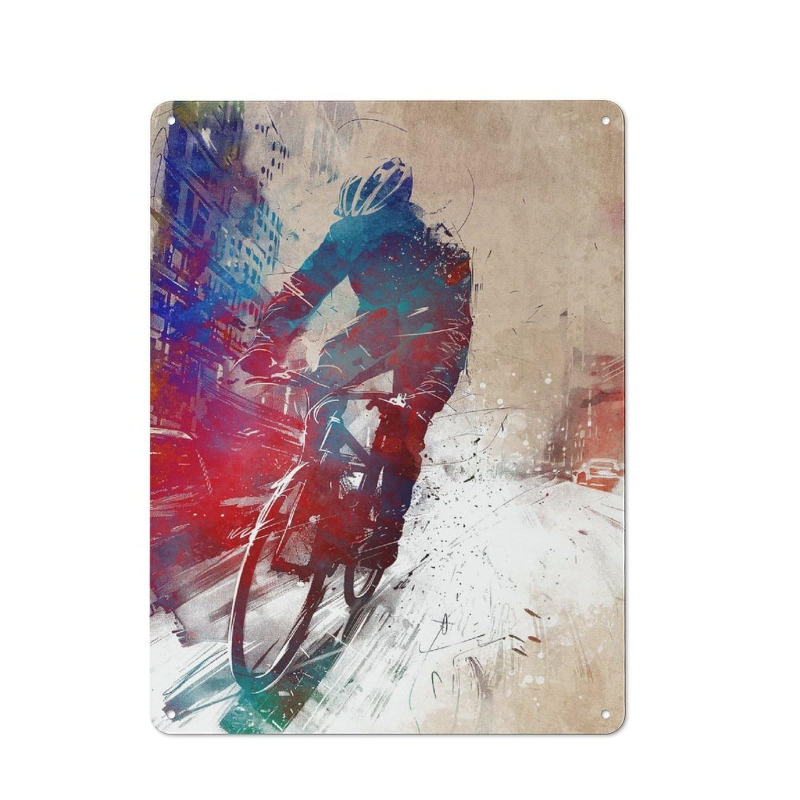 Cyclist Watercolor Art Shop Front Style Metal Wall Decor 40x30cm, Bistro Metal Sign for Takeaway, Bar, Kitchen Or Counter Area