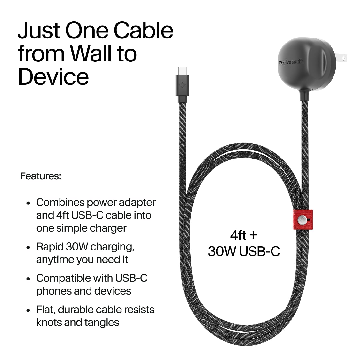 Twelve South PowerCord All-in-One 30W USB-C Fast Charger with Universal Compatibility– 4 ft Charging Cable + Wall Adapter Block for USB-C PD 3.0 for iPhone, iPad, Samsung, MacBook Air, and More, Slate