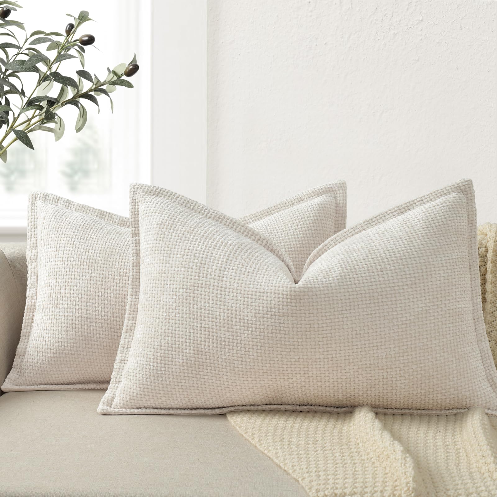 ZWJD Soft Chenille Cushion Covers 30x50 2 Pack, Decorative Cushions with Pressed Edge Design, Beige Luxury Home Decor Pillow Covers for Sofa, Couch, Bed, Living Room & Bedroom Modern Home Décor — image 1