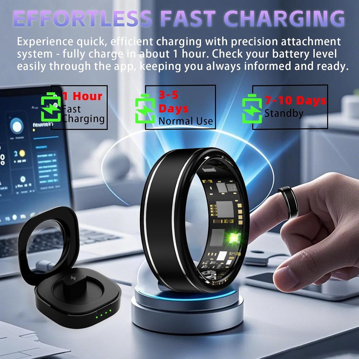 Anello fitness tracker con cardiofrequenzimetro, monitoraggio del sonno, design impermeabile, include scatola di ricarica e app per il monitoraggio delle attività