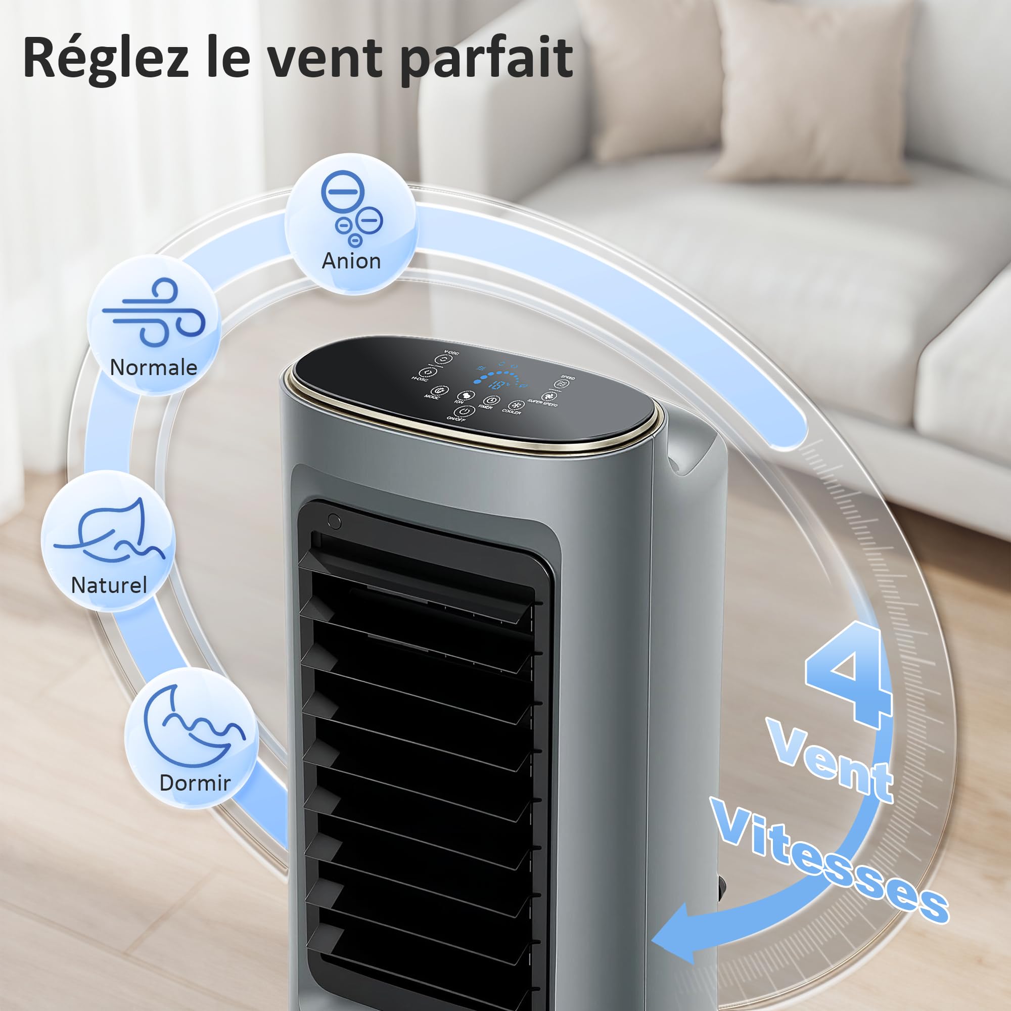 HOMCOM Refroidisseur d'air mobile 4 en 1 humidificateur, purificateur et ventilateur, oscillation 90°, 3 vitesses, 3 modes, réservoir d'eau 6L, packs de glace, télécommande, pour chambre bureau, gris