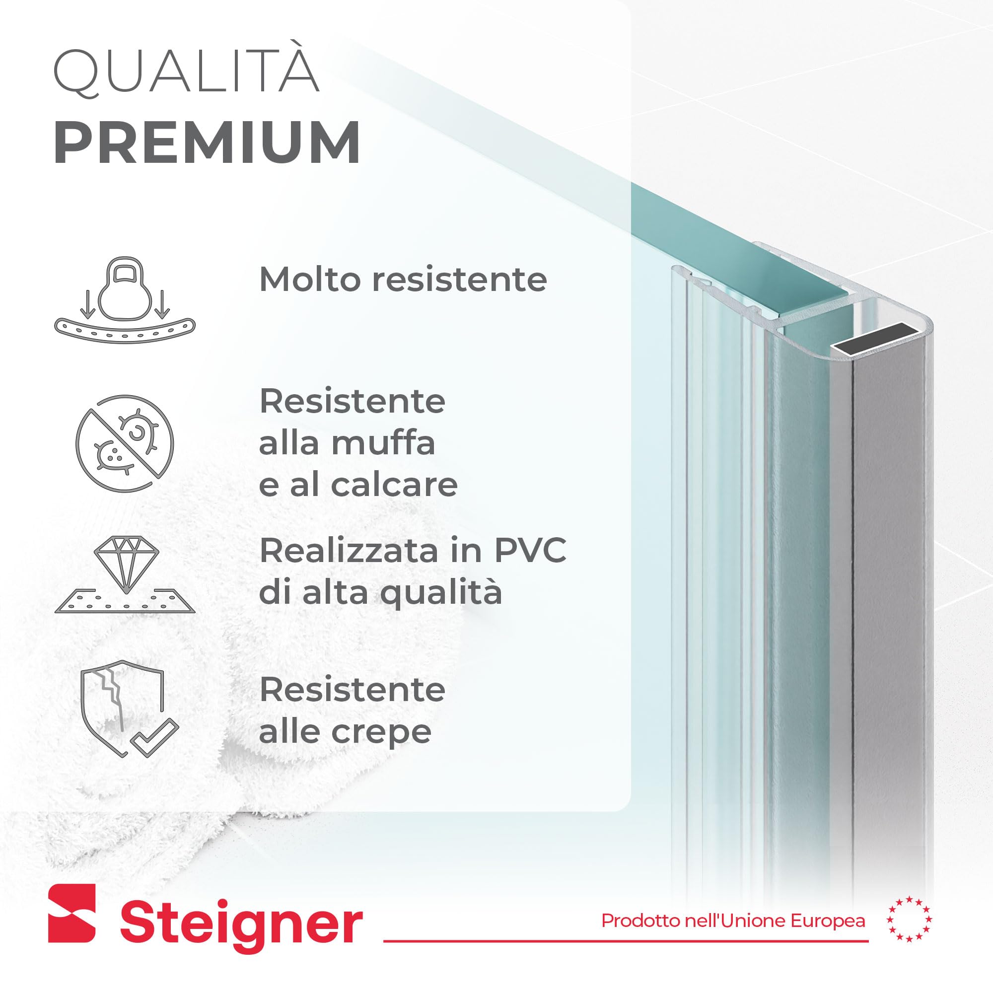 STEIGNER Guarnizione Magnetica doccia, 183cm, per spessore vetro 3,5/4/ 5mm, Set doppio Guarnizioni doccia 180 Gradi, UKM03, 2 pz.