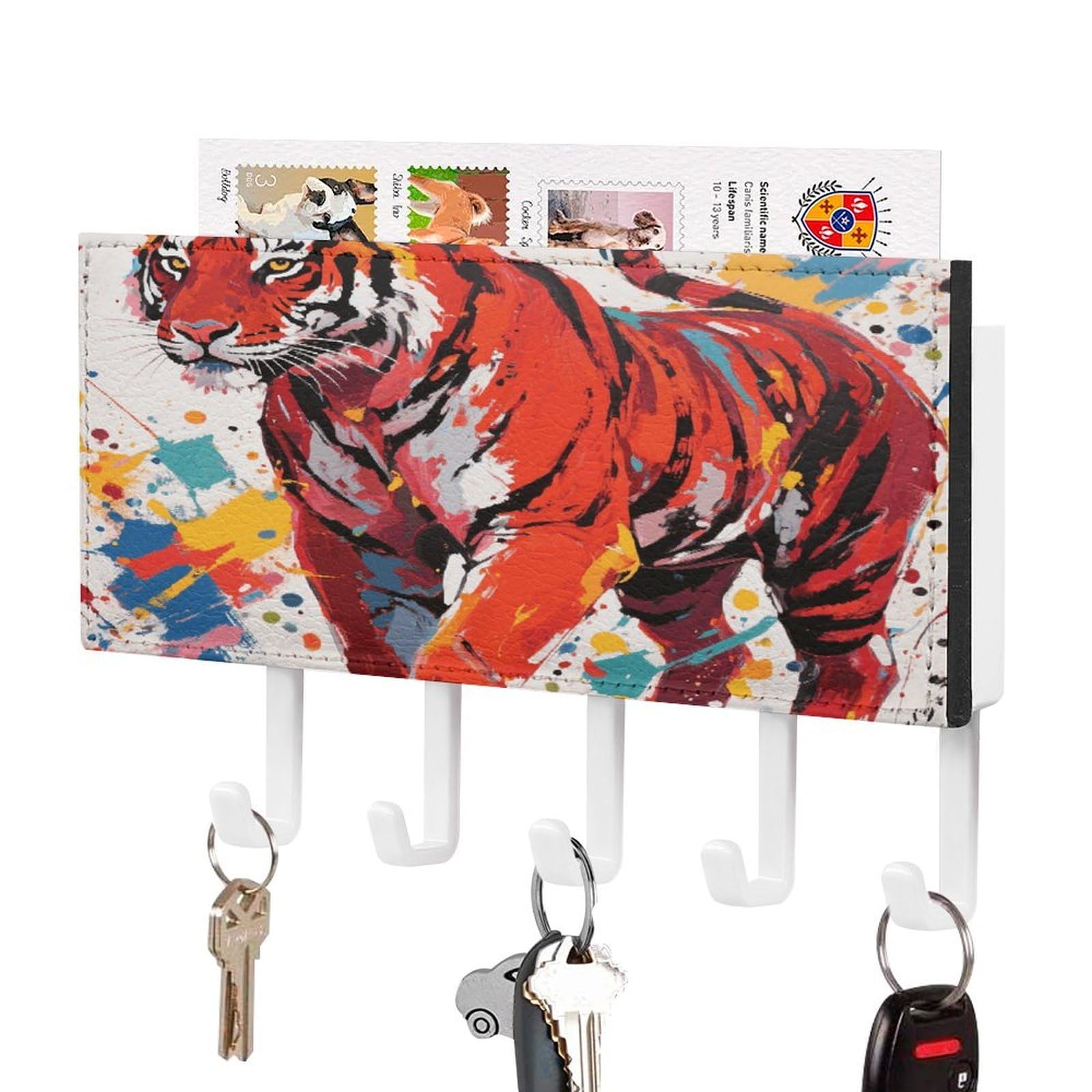 Fekiloot White-Style Abstract Tiger Key Holder Wall Mount Key Hanger With 5 Hooks Decorative Key Rack Hanging Key Hooks With Mail Organizer Key Holder For Wall Living Room Kitchen Bathroom Hallway White