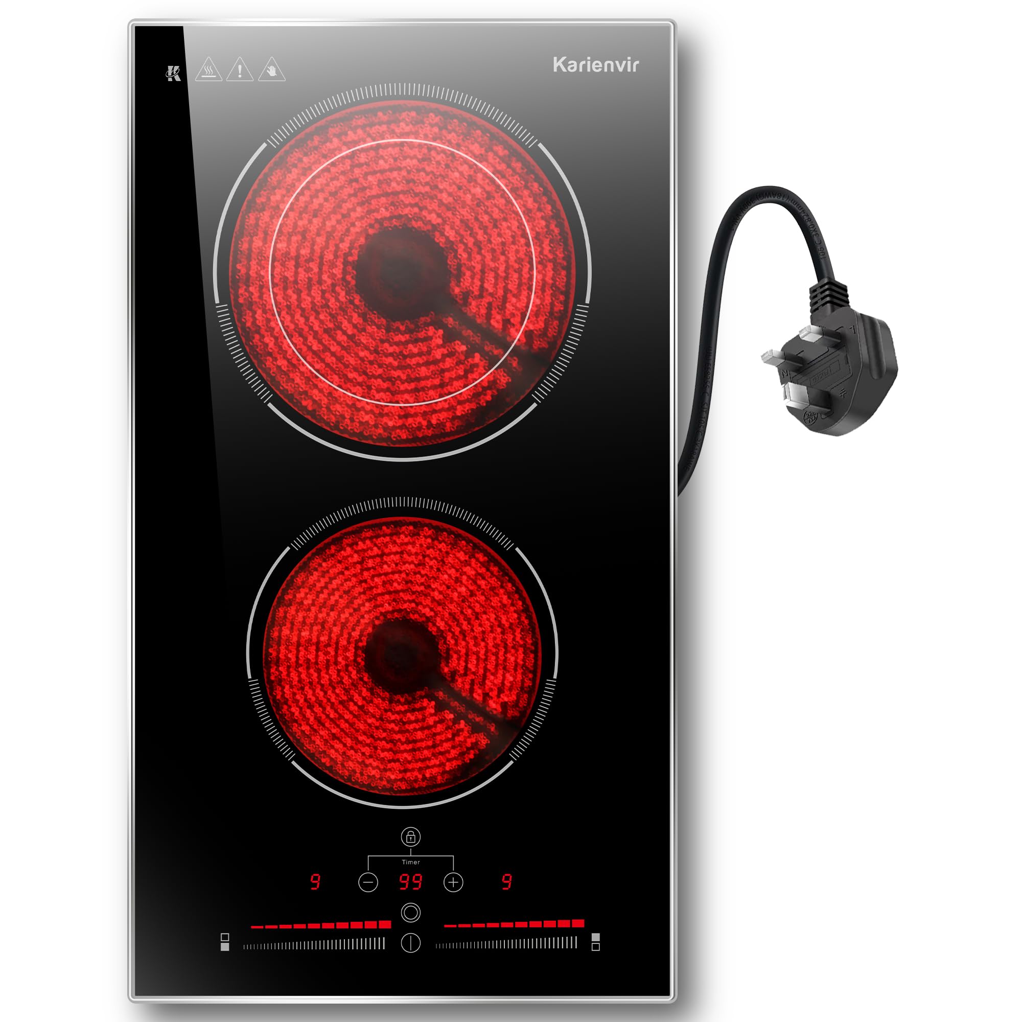 Ceramic Hob 2 Zone, 2 Ring Electric Hob Sliding Control, 30cm Built-in & Countertop Hob, 2 Ring Ceramic Hob 2800 W, 220-240V with Plug, Safety Lock, Timer, Karienvir