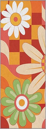 Miniatura 3 de Retro 70s Runner Rug 3x12, Checkered Daisy Floral Orange Yellow Runners for Hallways Non-Slip, Retro 70s Hallway Decor Rug for Bedroom Kitchen