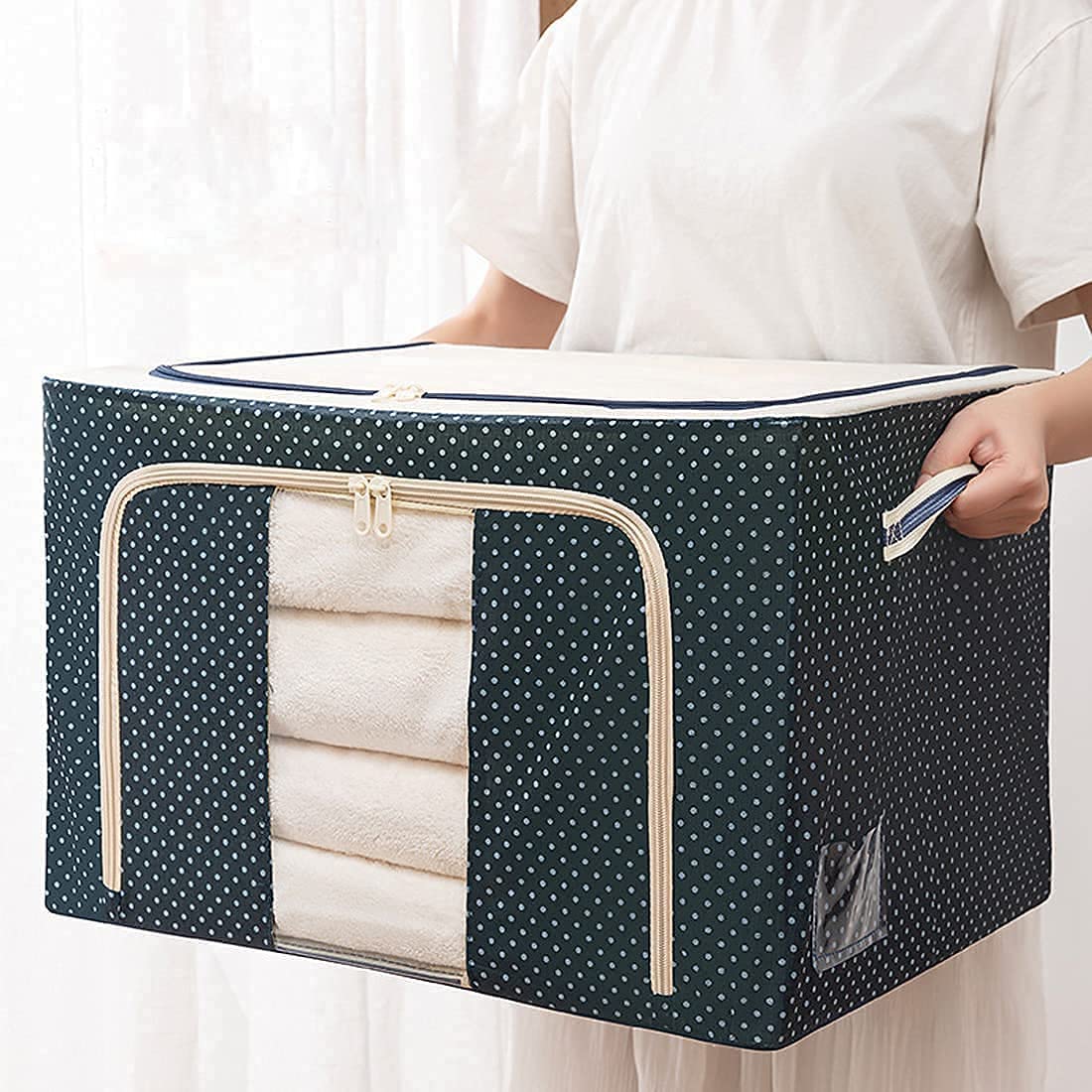 Cloth Organizer Under Storage Bag Waterproof Wardrobe with Zippered Closure and Handle,Clothes Metal Frame Basket Set,Large Clear Window,Stackable Reinforced Boxes-image-5