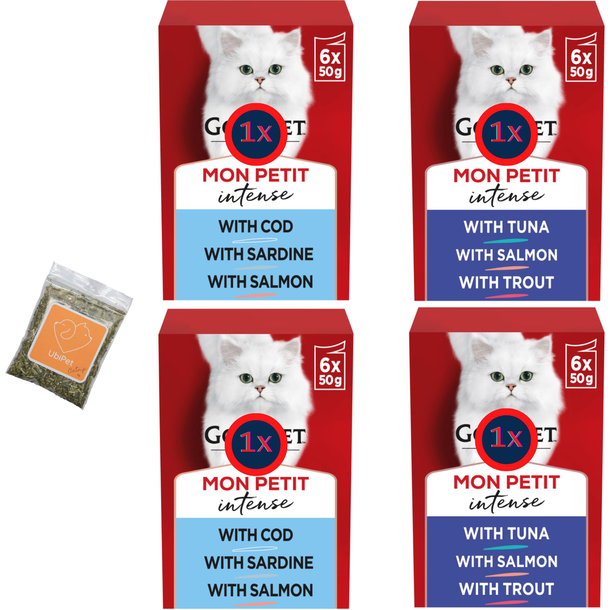 Cat Food Bundle with a Variety of Fish Flavours - Pack of 4 (Total of 24 Portions Pouches 50 gram each), and UbiPet Catnip