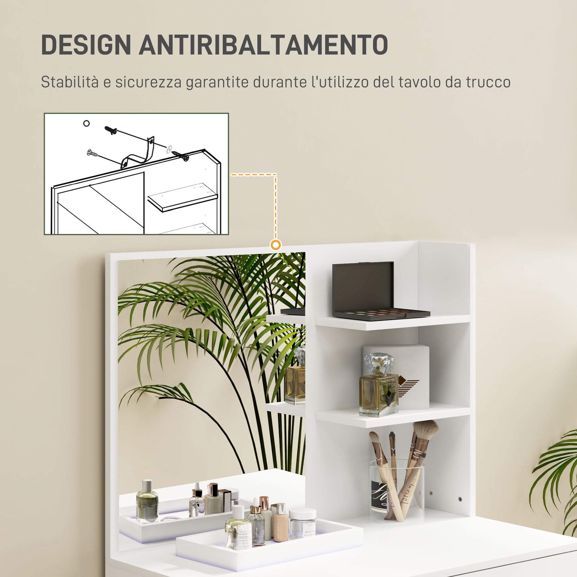 HOMCOM Postazione Trucco a 3 Ripiani e Cassetti con Specchio e Sgabello Abbinato, Toeletta Trucco da Camera in Truciolato, 75x40x137 cm, Bianco