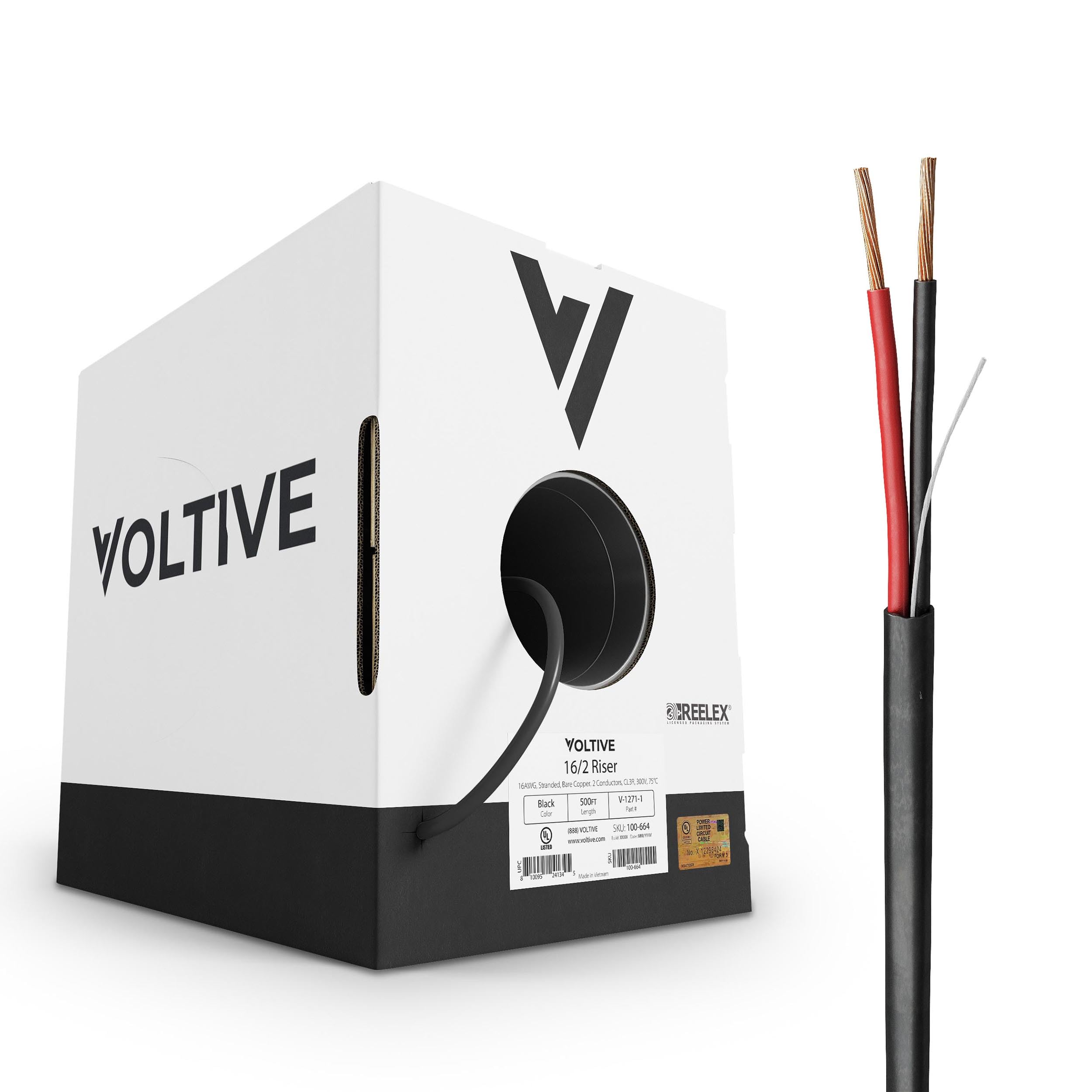 Voltive 16/2 Speaker Wire, Riser CL3R, Black, 500ft - 16AWG, 2 Conductors, Stranded Oxygen-Free Copper, UL Listed - V-1271-1