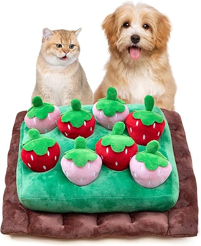 WOHIU Juguetes interactivos para perros, alfombrilla de olfato de fresa para perros, rompecabezas de felpa 2 en 1, juegos de alimentación de nariz