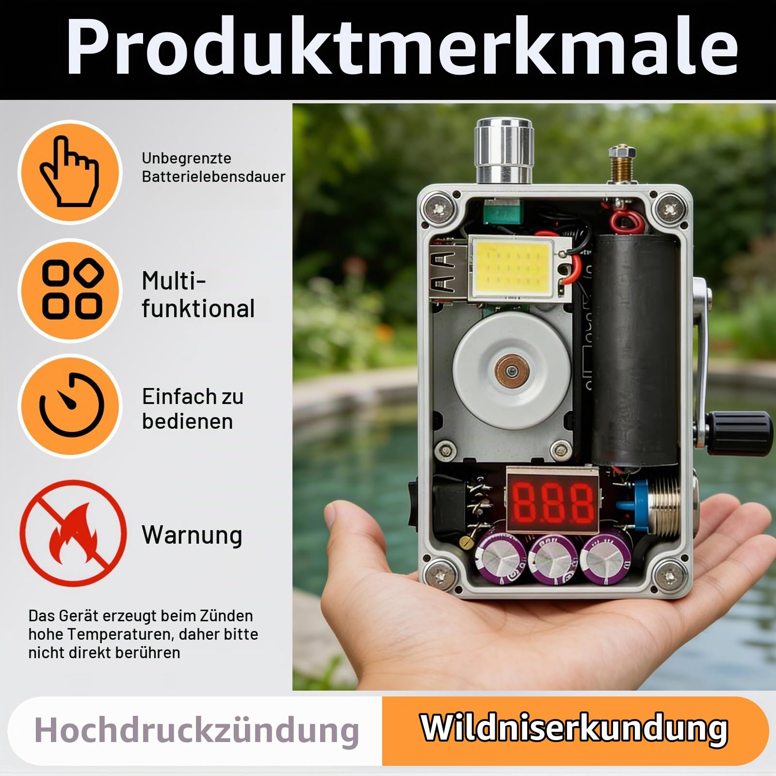 BRGD Handkurbel Notstromgenerator mit COB-Licht und 5V USB-Ladegerät, Tragbarer Handkurbelgenerator für Camping, Haus, NotfäLle Telefone Laptops Laternen