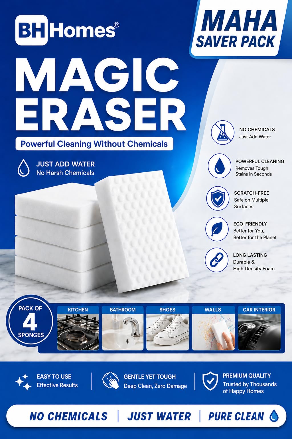BH Homes Magic Eraser Cleaning Sponge, Pack of 4 | No Chemicals, Just Add Water, Scratch-Free, Multi-Surface Use, High-Density Foam-image-29