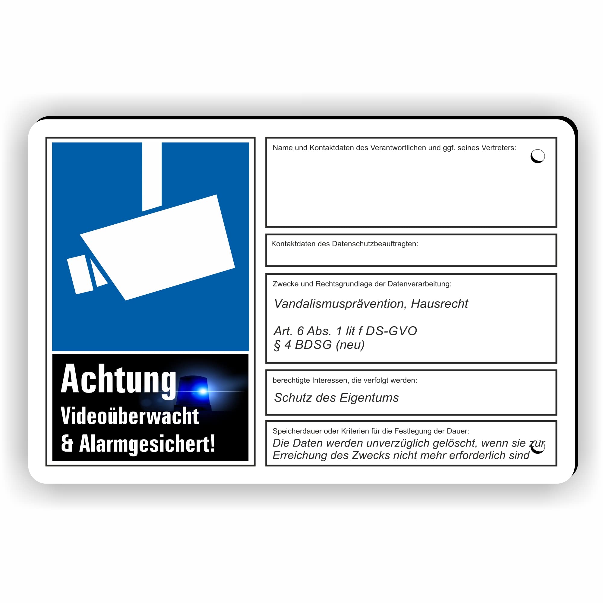 VIDEOÜBERWACHT DSGVO (BDSG) konform vorgebohrtes Schild zum Markieren eines videoüberwachten Bereiches - Videoüberwachungsschild mit Bohrlöchern - (90x60cm SCHILD)