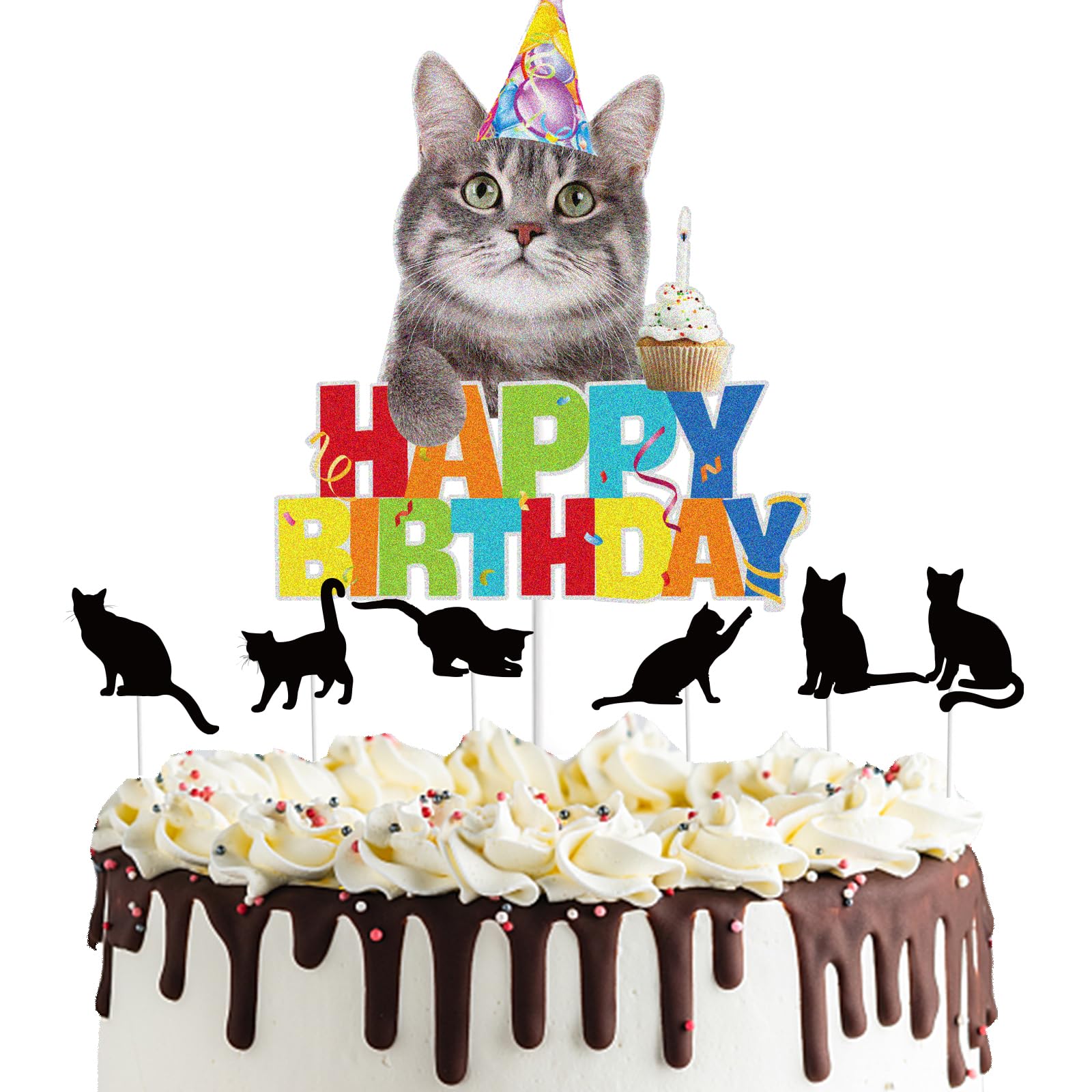 7Pcs Cat Happy Birthday Cake Topper Party Supplies Decorations Colorful Glitter Cartoon Cat Themed Birthday Backdrop Decor Kitten Pet Cat Face Cake