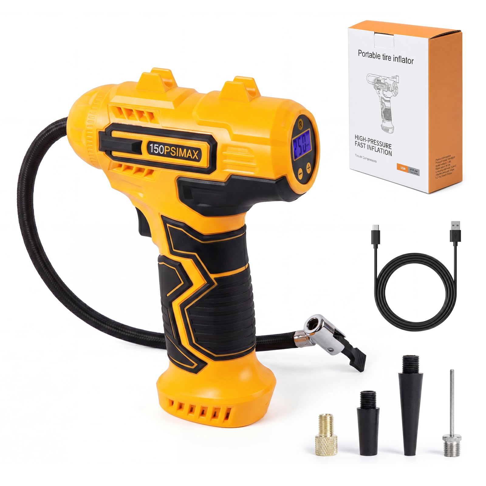 Traderight Light Tyre Inflator Air Compressor, Portable Car Tyre Inflator 150Psi, Cordless Electric Tyre Pump With Digital Pressure Gauge, Auto Shut Off, Led Air Pump For Car Tyres, Bike, Motorcycle & Balls