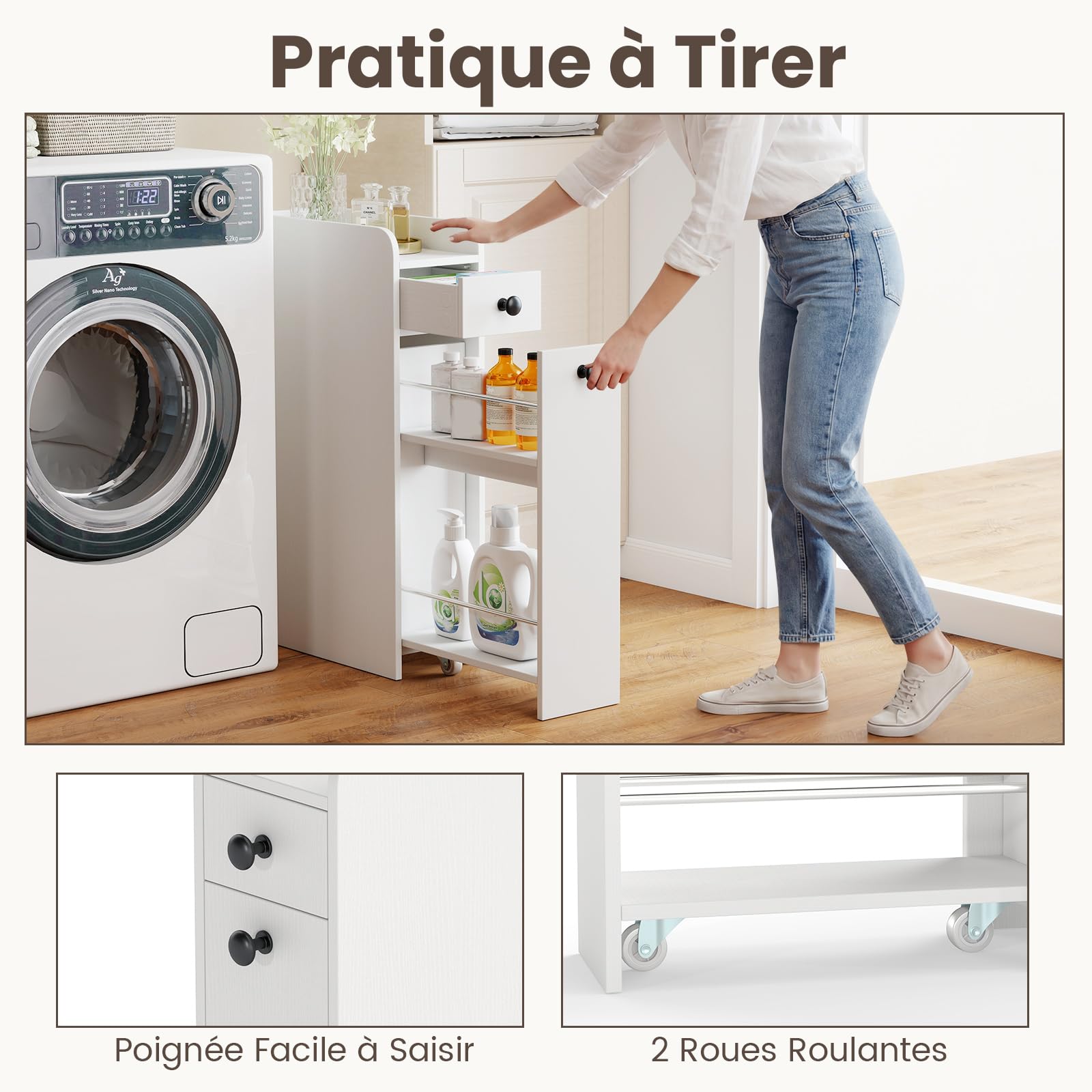 COSTWAY Petit Meuble Salle de Bain avec Tiroirs, Meuble Rangement Étroit pour Papier Toilette, Armoire de Toilette pour Petit Espace, 40 x 18 x 70 cm (Blanc)