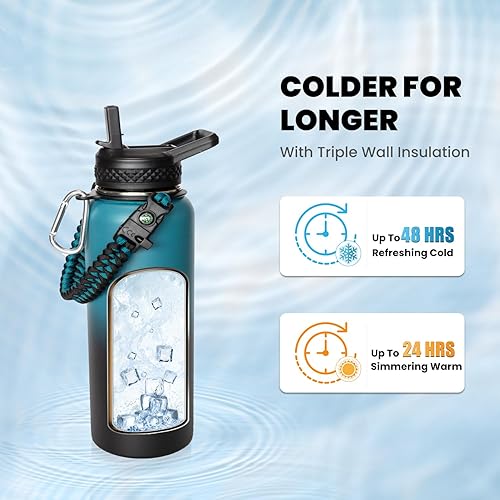 Miniatura 2 de Botella de agua aislada de 32 onzas, de acero inoxidable al vacío de triple pared (fría durante 48 horas, caliente durante 24 horas), a prueba de