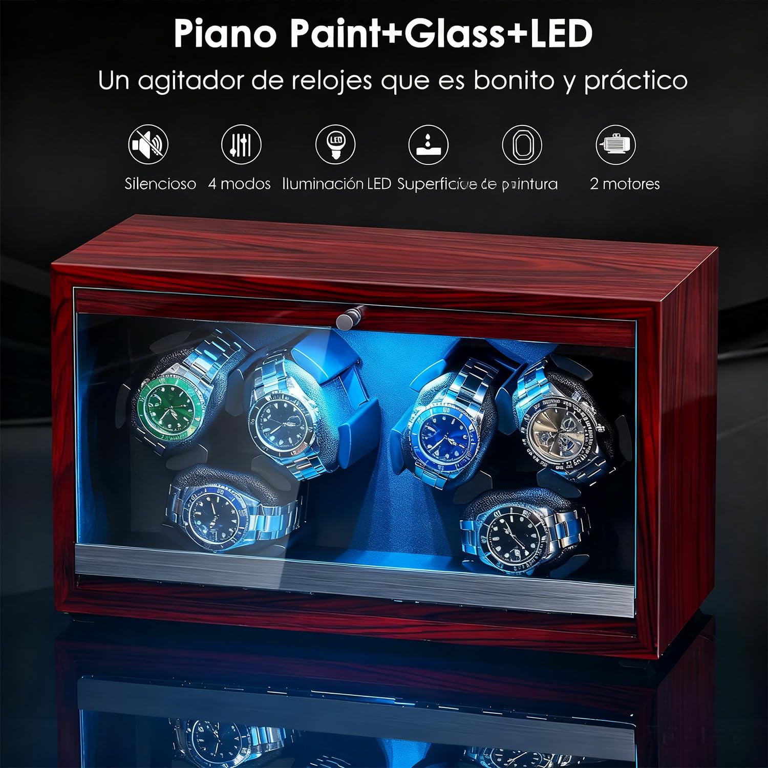 ANWBROAD Enrollador de reloj giratorio para 6 relojes con LED y motor súper silencioso, 4 modos de rotación, caja de bobinado, agitador con cable USB, regalo UJWW003Y