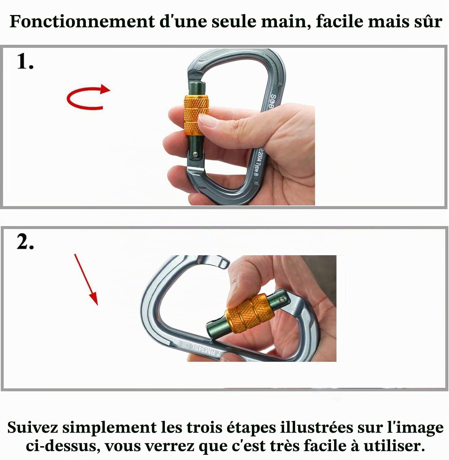 SOB Mousquetons Escalade Clips de Mousqueton à Verrouillage Automatique Aluminium Mousquetons Robustes pour Escalade, Descente en Rappel,Certification CE 2 Pièces