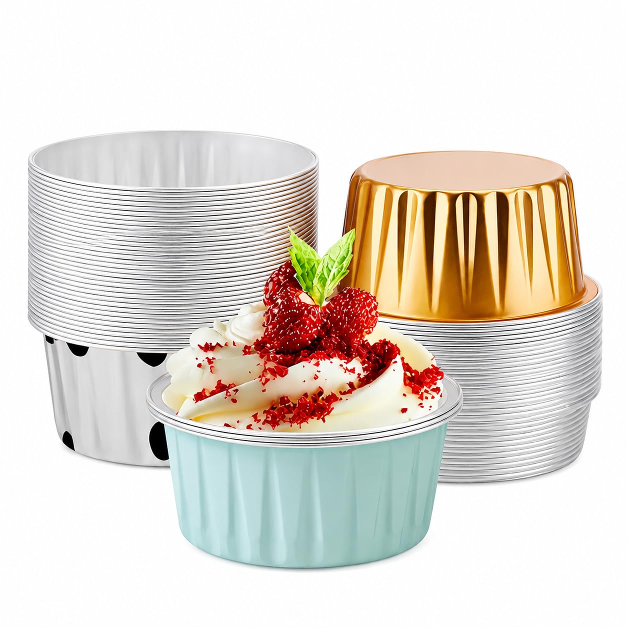 50PCS Mixed Color Disposable Ramekins with lids,5oz Aluminium Foil Baking Cups Creme Brulee Mini Cake Pans, Cheesecake Pans Flan Molds Tin Cups Containers for Party (Mixed Color with Lids 50PCS)-image-33