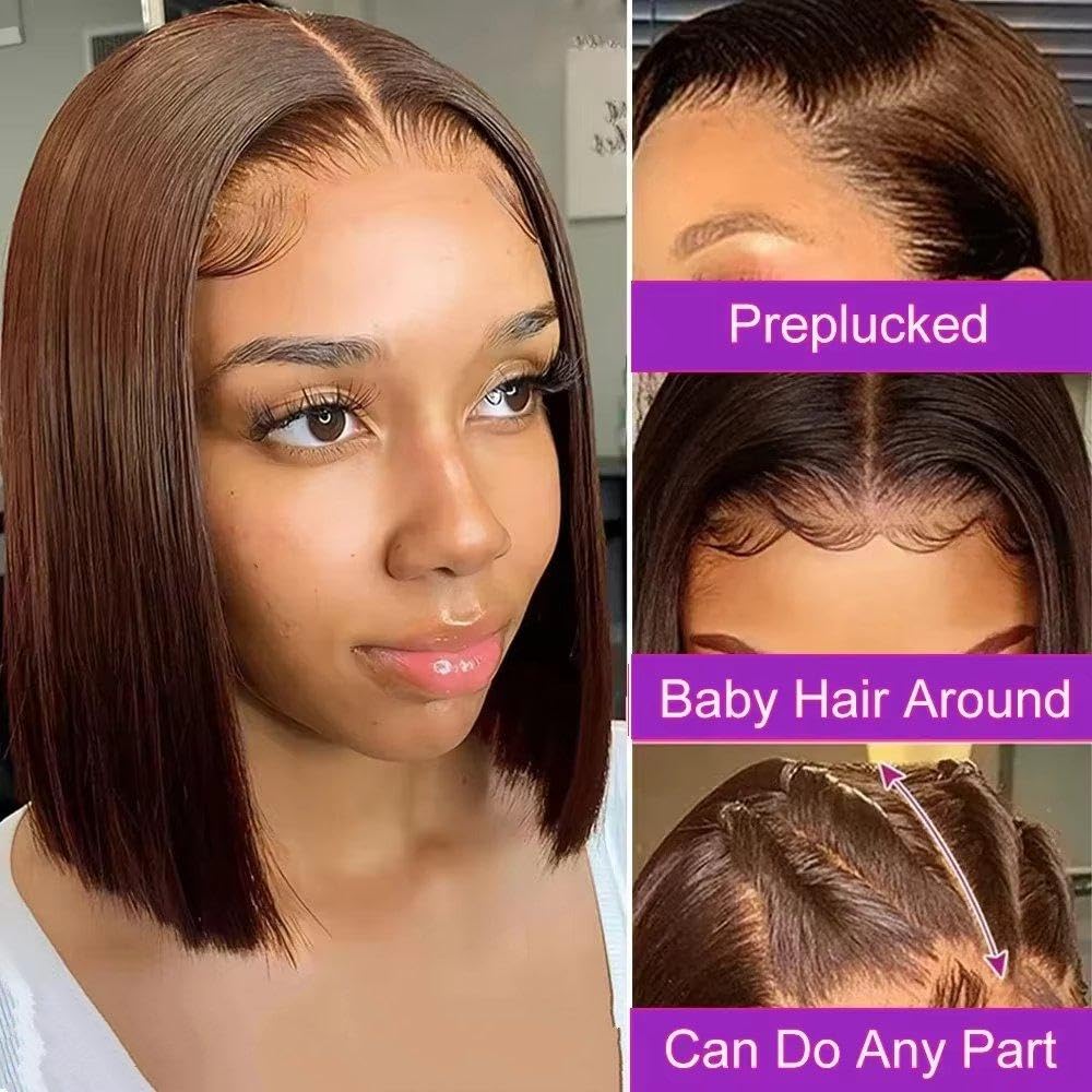 Haarpflege Braune Gerade Kurze Bob-Perücke HD-Spitzenfront 100% Echthaar Vorgezupft Für Schwarze Frauen(4x4,150%_8INCHES)