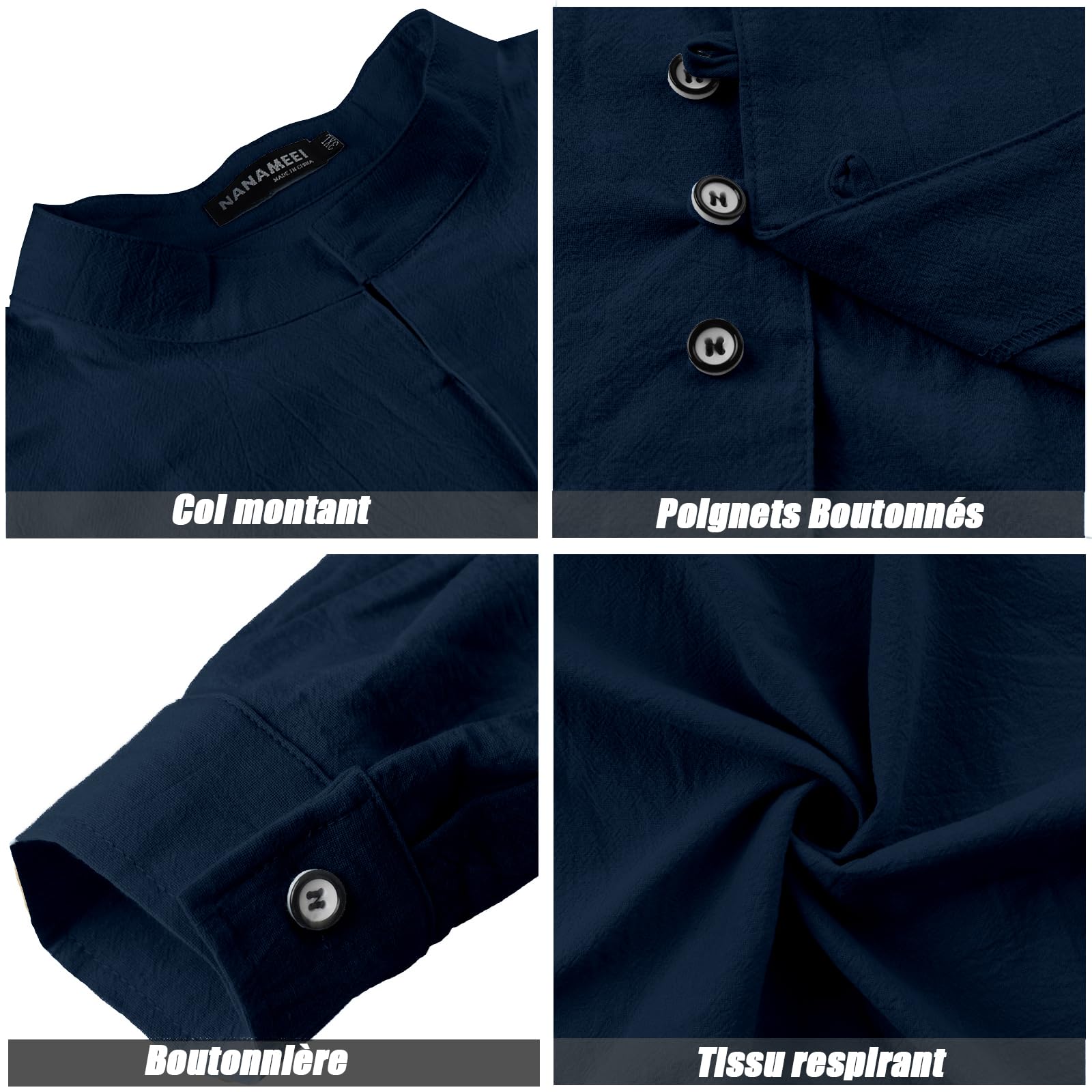 NANAMEEI Camisa de lino para hombre de manga larga camisa casual cuello Mao abotonado camisa de playa verano
