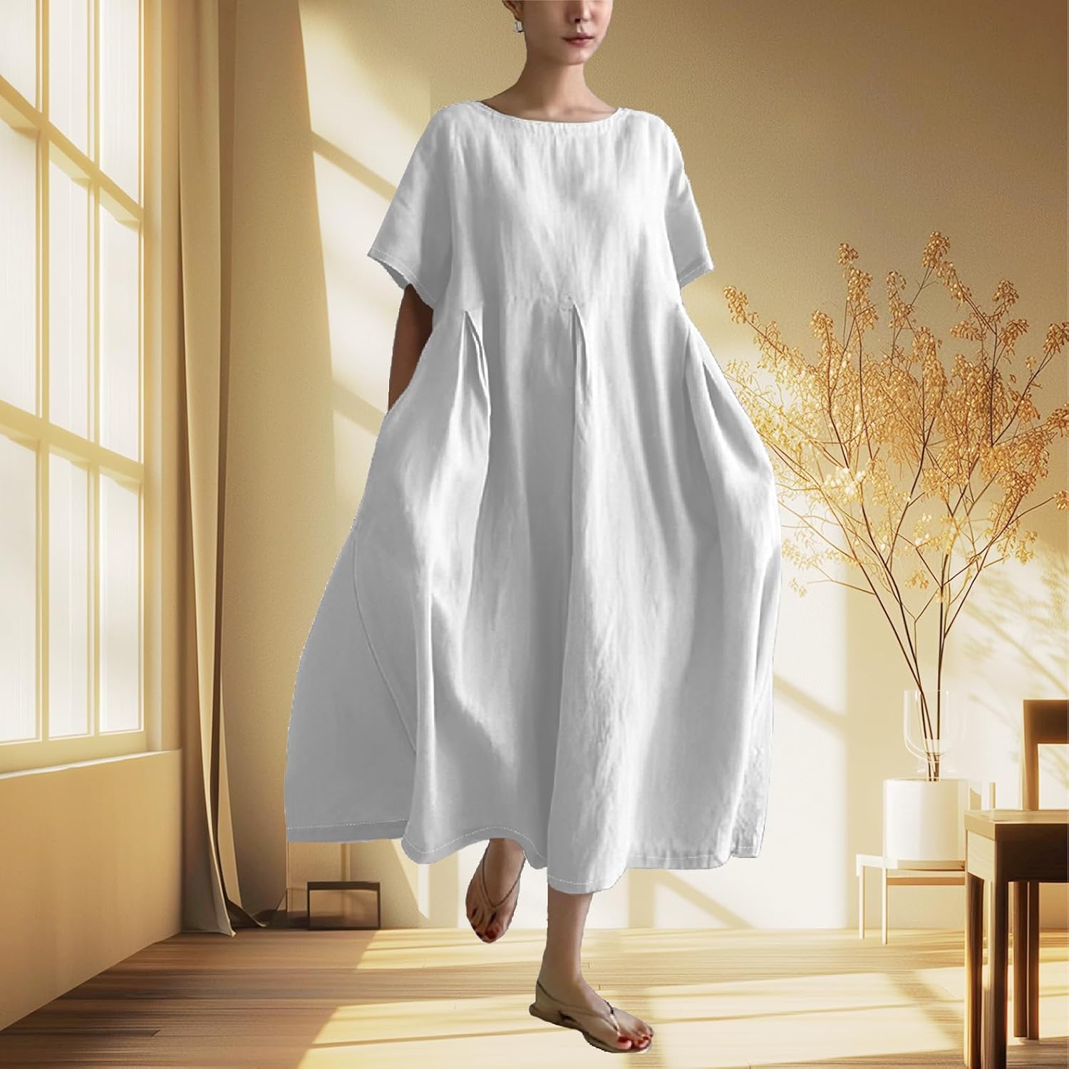 domirica Summer Maxi Dress for Women Plus Size Casual Boho Ethnic Baggy Loose Fit Crew Neck Short Sleeve Beach Dress