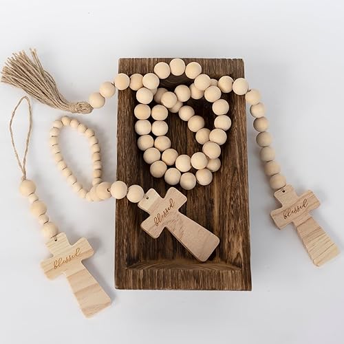 Guirnalda de cuentas de madera con cruz bendita, guirnalda de cuentas de cruz con borla, cuentas de granja con cruz, decoración de cruz con cuentas,