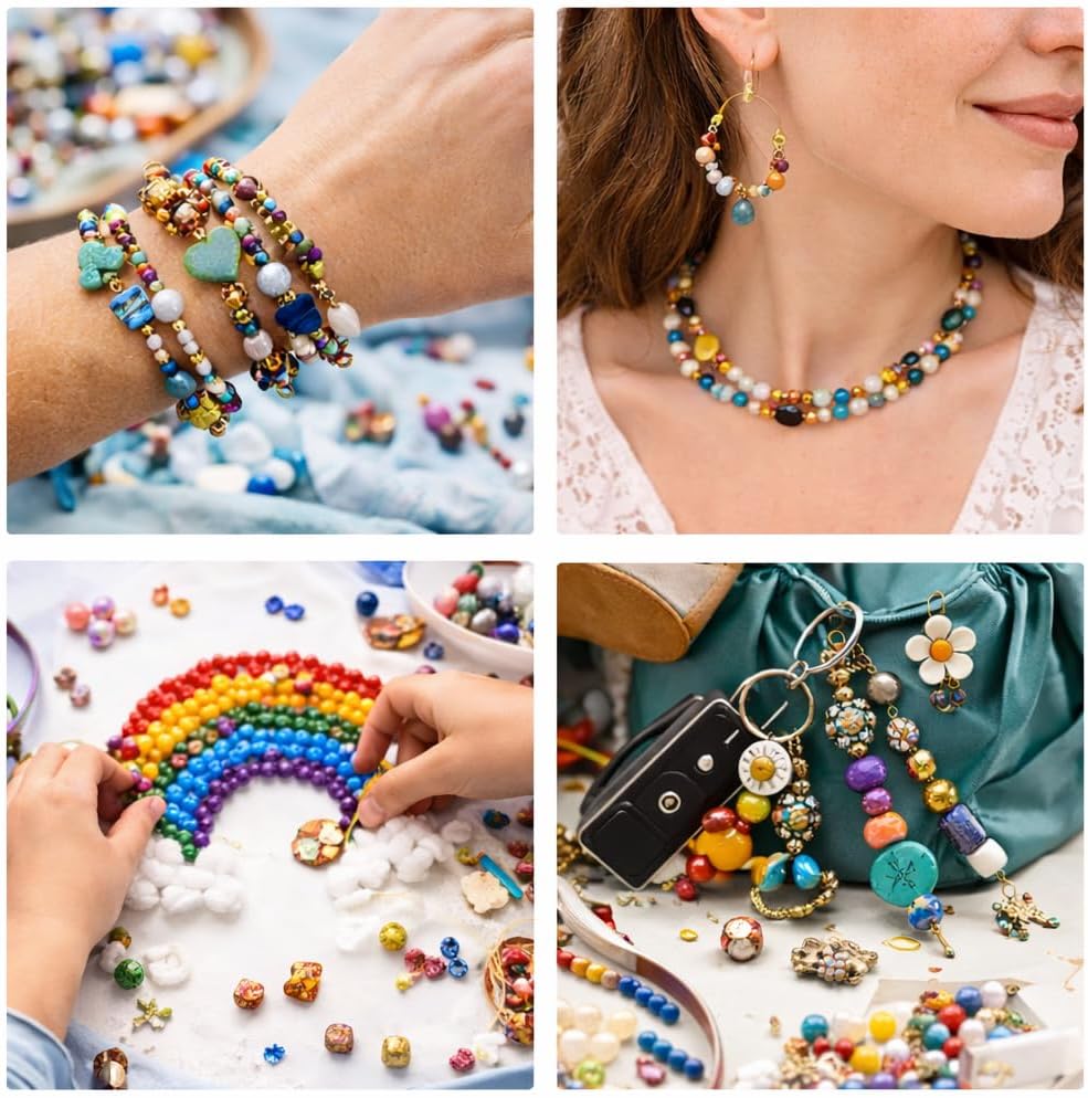 Perlin Mixed Beads Multi Colours and Shapes Glass Wooden Metal Beads 1 kg Bead Set for Jewellery Making DIY Crafts Charms Decoration Threading Bracelets Necklaces Earrings