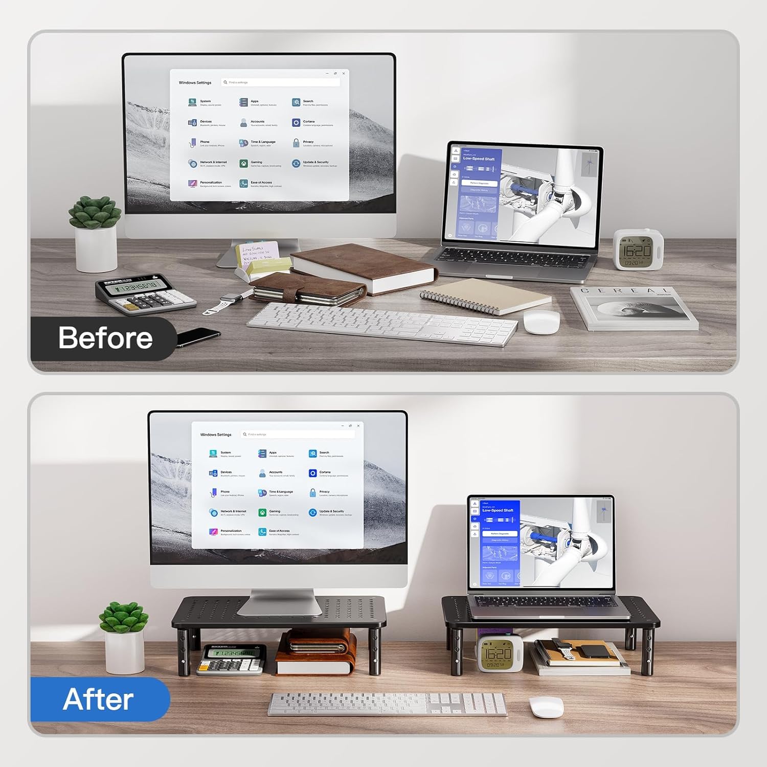 Huanuo - Supporto per monitor con 3 altezze regolabili per computer portatili, computer, iMac, PC, stampanti, desktop ergonomico, supporto per monitor con piattaforma in rete per flusso d'aria