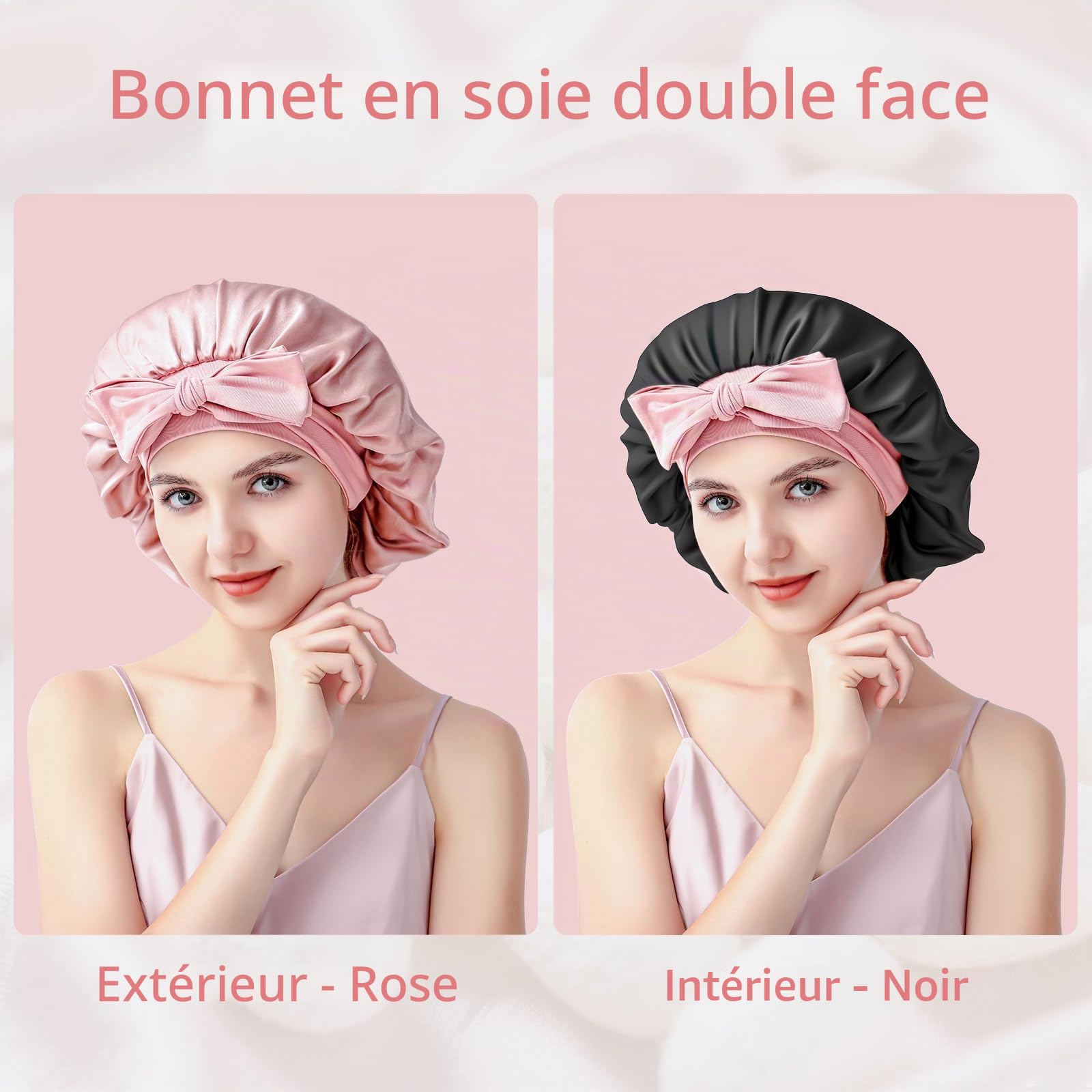 bonnet soie cheveux nuit, 22 Momme double couche silk bonnet, 100% soie de mûrier, doux et confortable, utilisable des deux côtés, convient à tous les types de cheveux - Rose