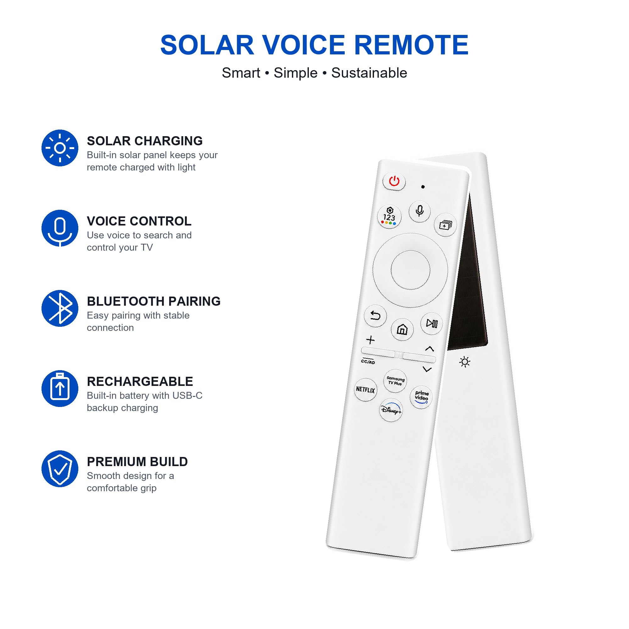 Telecomando per TV Samsung BN59-01385A, telecomando vocale di ricarica solare con 4 tasti di scelta rapida, ricaricabile USB-C, compatibile con Samsung Smart TV 2019-2025