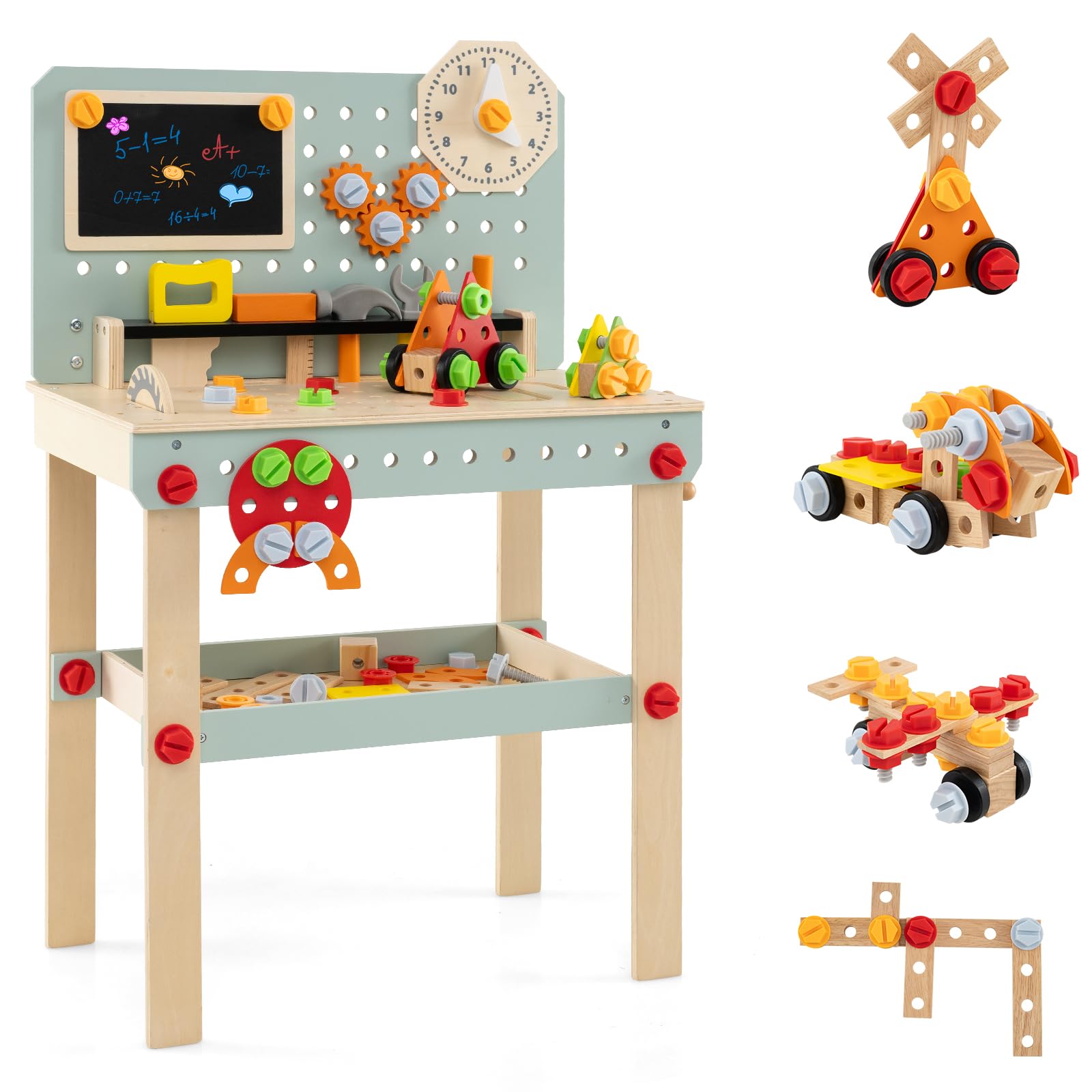 Maxmass Wooden Kids Workbench, Toddler Tool Bench with Rich Tools & Parts, Chalkboard, Storage Shelf, Educational Construction Tools Set Pretend Play Tool Workshop (Natural+Blue, 54x30x83cm) โ image 1