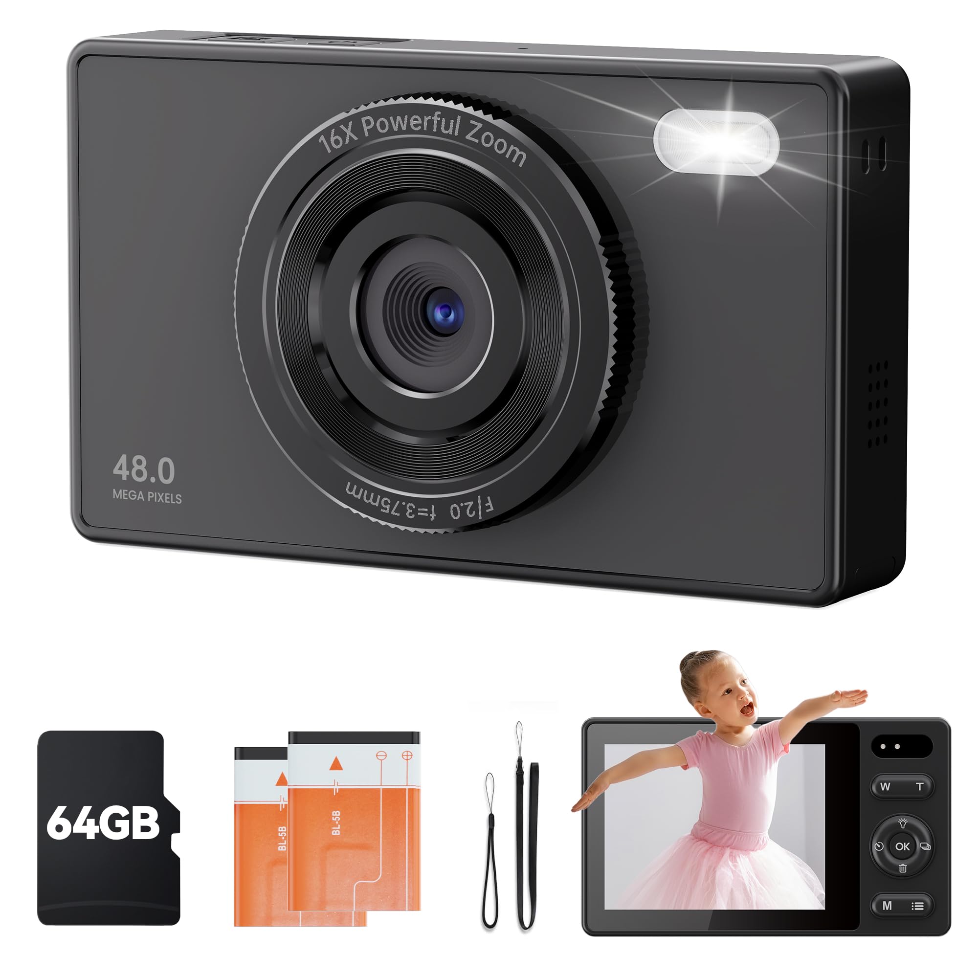 Macchina Fotografica Digitale Fotocamera con Scheda 64GB: 16X Zoom 48MP Videocamera Autofocus 1080P Vlog Camera 2 Batteria Fotocamera Compatta per Adolescenti Adulti