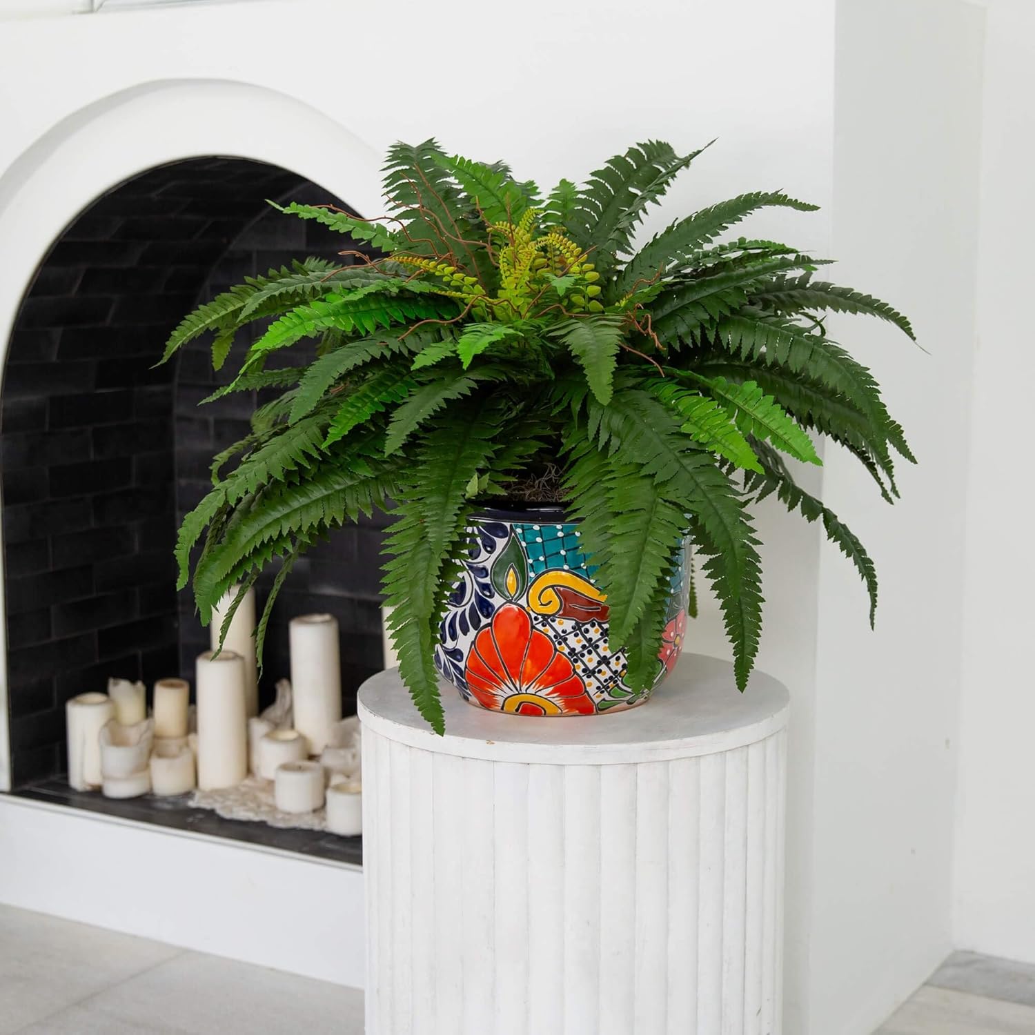 Nearly Natural 32in. Artificial Double Boston Fern in Handmade Mexican Talavera Ceramic Planter