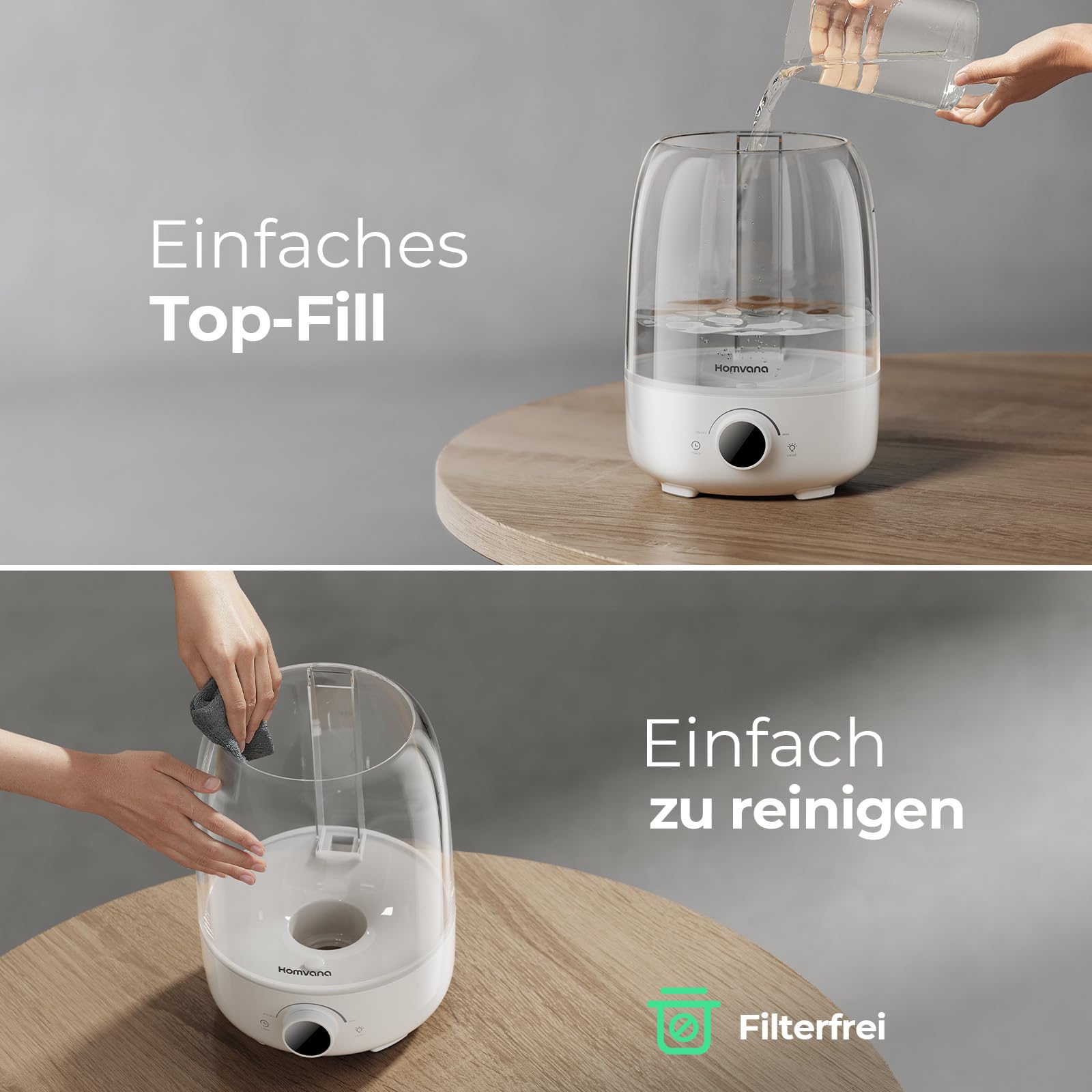Homvana Top-Fill 4L Humidificador Bebes Mocosy Tos, Cool Mist Silencioso | 40 Horas de Funcionamiento, con Bandeja de Aroma, Oil Difusor, BPA Free Bebés y Plantas, 7 Color Light, Sleep Mode (Blanco)