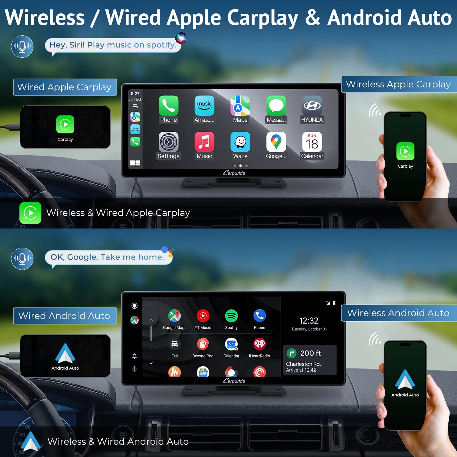 Carpuride W103 Pro con transmisión inalámbrica Bluetooth portátil Carplay y Android Auto Car Stereo, Pantalla táctil de 10,3 Pulgadas 1080P, Mirror Link/GPS/Siri/FM/G00gle