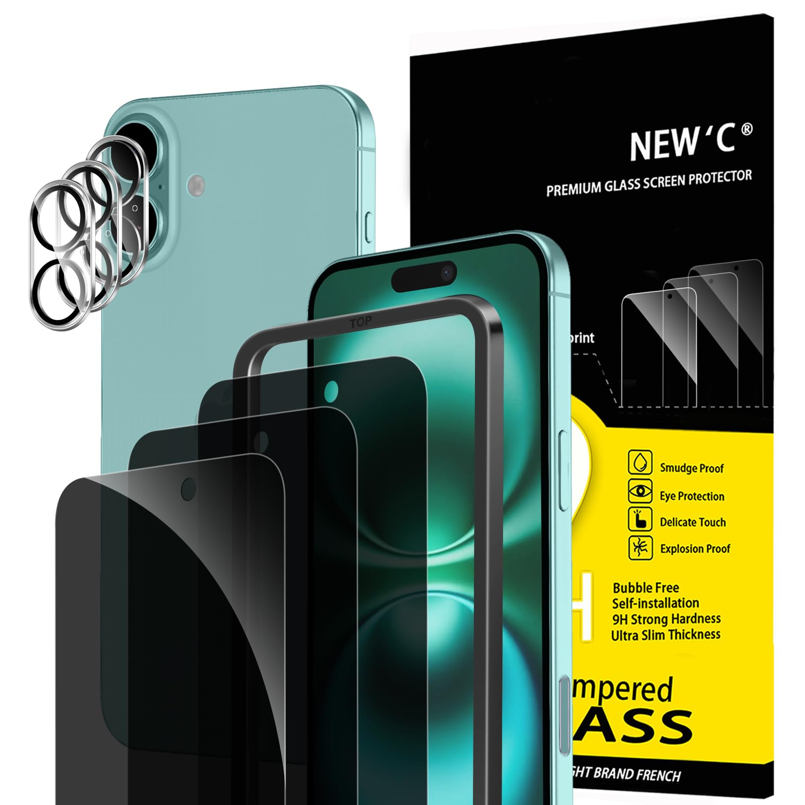 NEW'C for iPhone 16 Plus Privacy Screen Protector + Camera Lens Protector