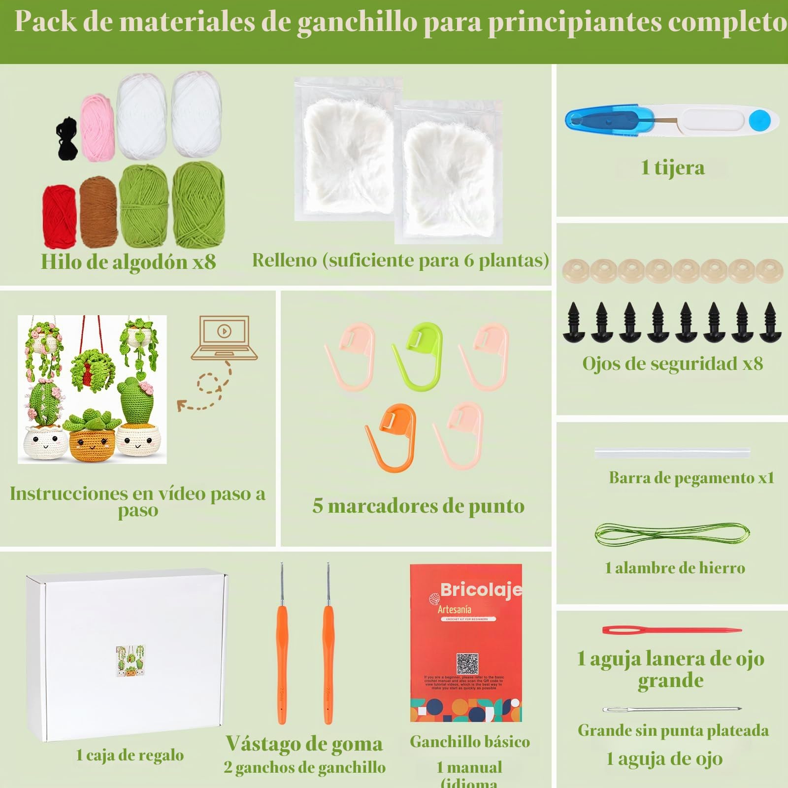 ASTNIC Kit de crochet para principiantes, 6 Piezas Plantas en Macetas de Cactus kit de iniciación ganchillo con Tutoriales en Video Paso a Pas, Kit Completo Crochet DIY y Tejido a Mano Manualidades