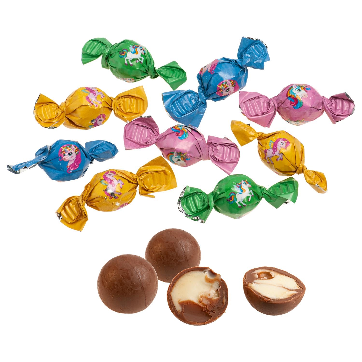 Dekora - Pack Bombones de Chocolate Rellenos de Crema de Leche y Diseño Unicornio Tesia 100g, Ideal para Fiestas Infantiles y Cumpleaños. Divertidos y deliciosos