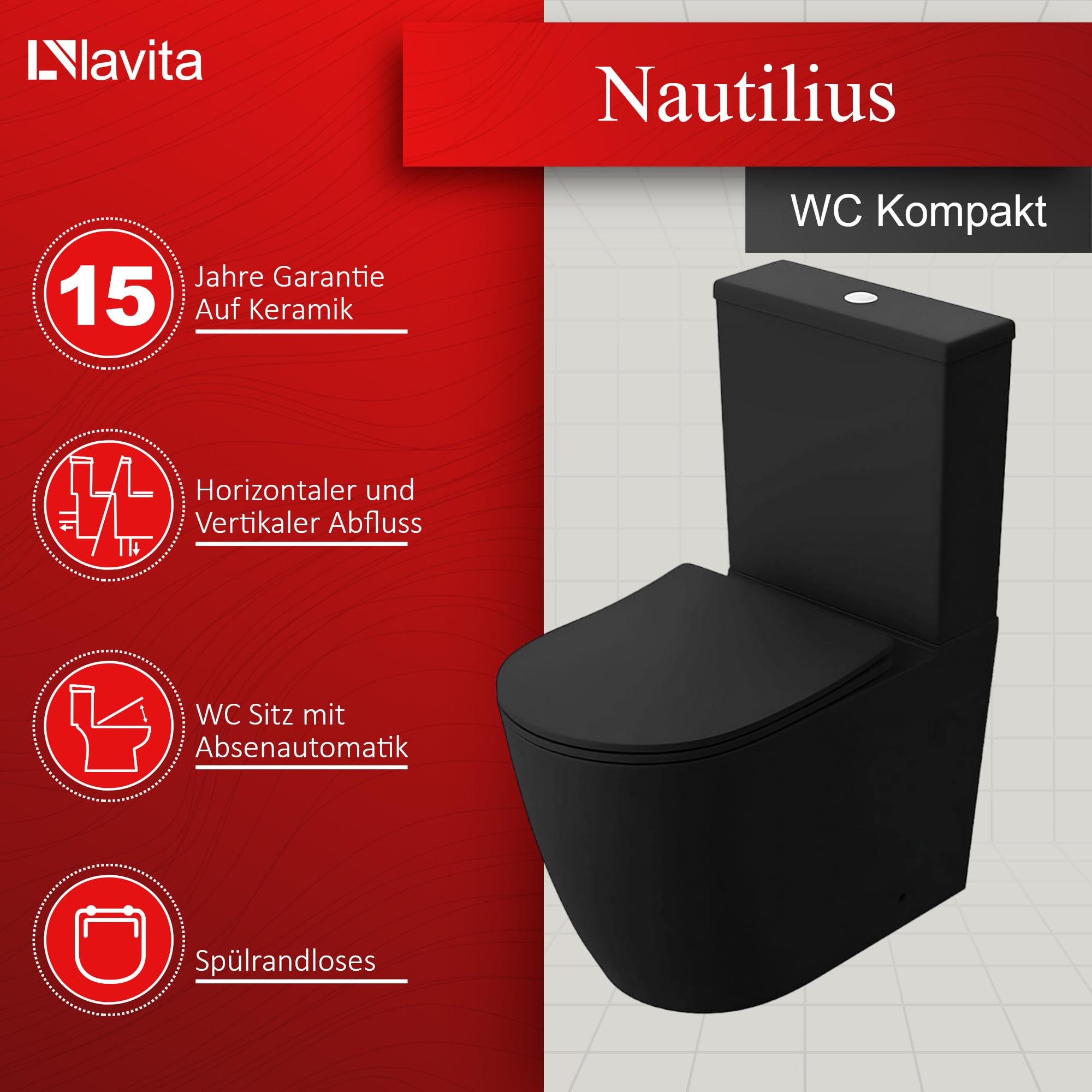 Water In Ceramica Nera VidaXL - WC Con Scarico A Doppio Flusso E Sedile Ammortizzato