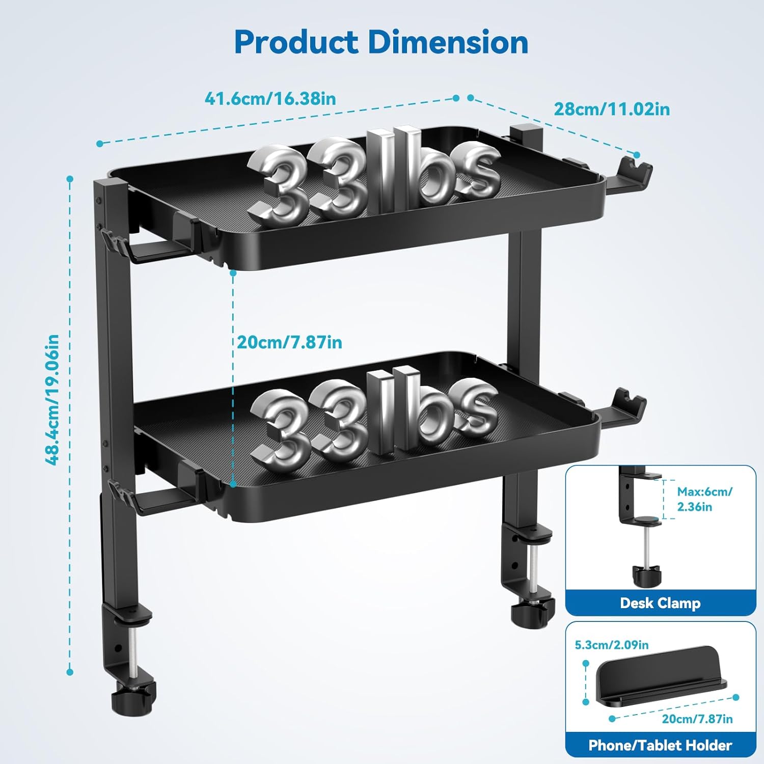 KDD Clamp On Desk Organizer - Adjustable 2-Tier Above or Under Desk Shelves with Large Capacity Tray, Phone & Tablet Holder, Headphone Hook - No Drilling Desktop Storage for Office & Home Accessories