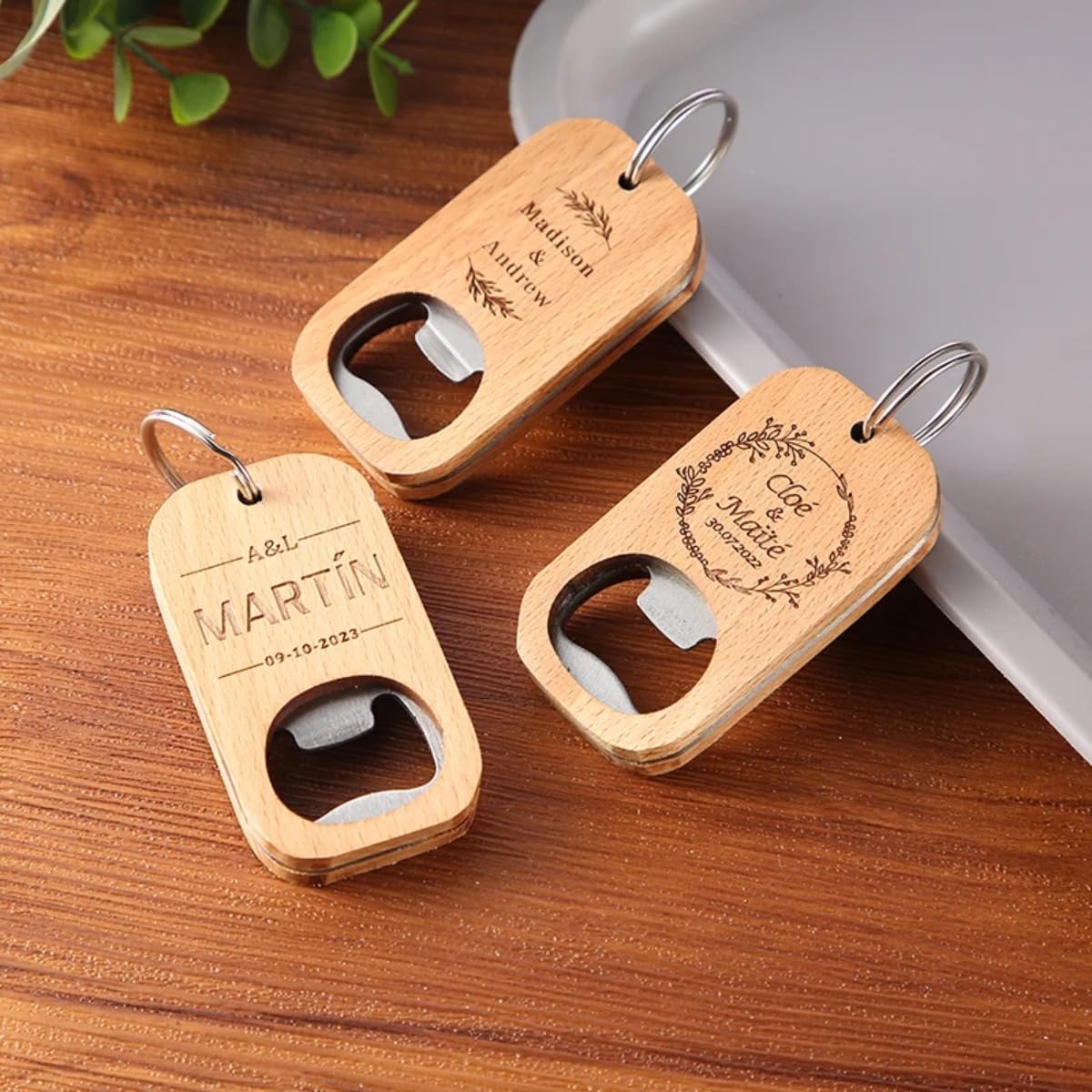 Abridor de botellas de madera grabado personalizado, abrebotellas de madera grabado personalizado para bodas (50 unidades)