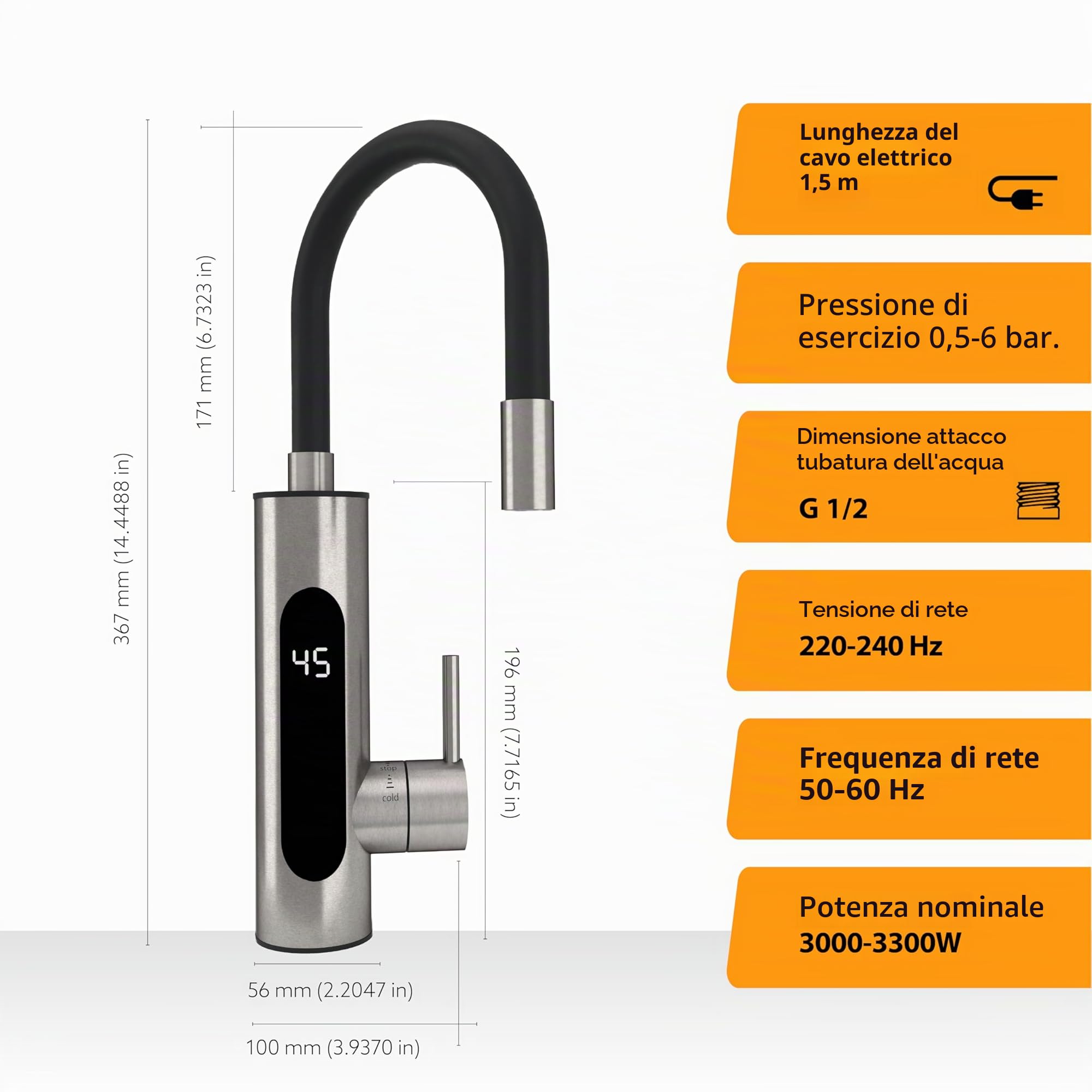 HOGART Rubinetto elettrico con scaldabagno 230 V per cucina, giardino, bagno, roulotte, campeggio, 2 accessori, Smart Heater, rubinetto con scaldabagno istantaneo, rubinetto, boiler